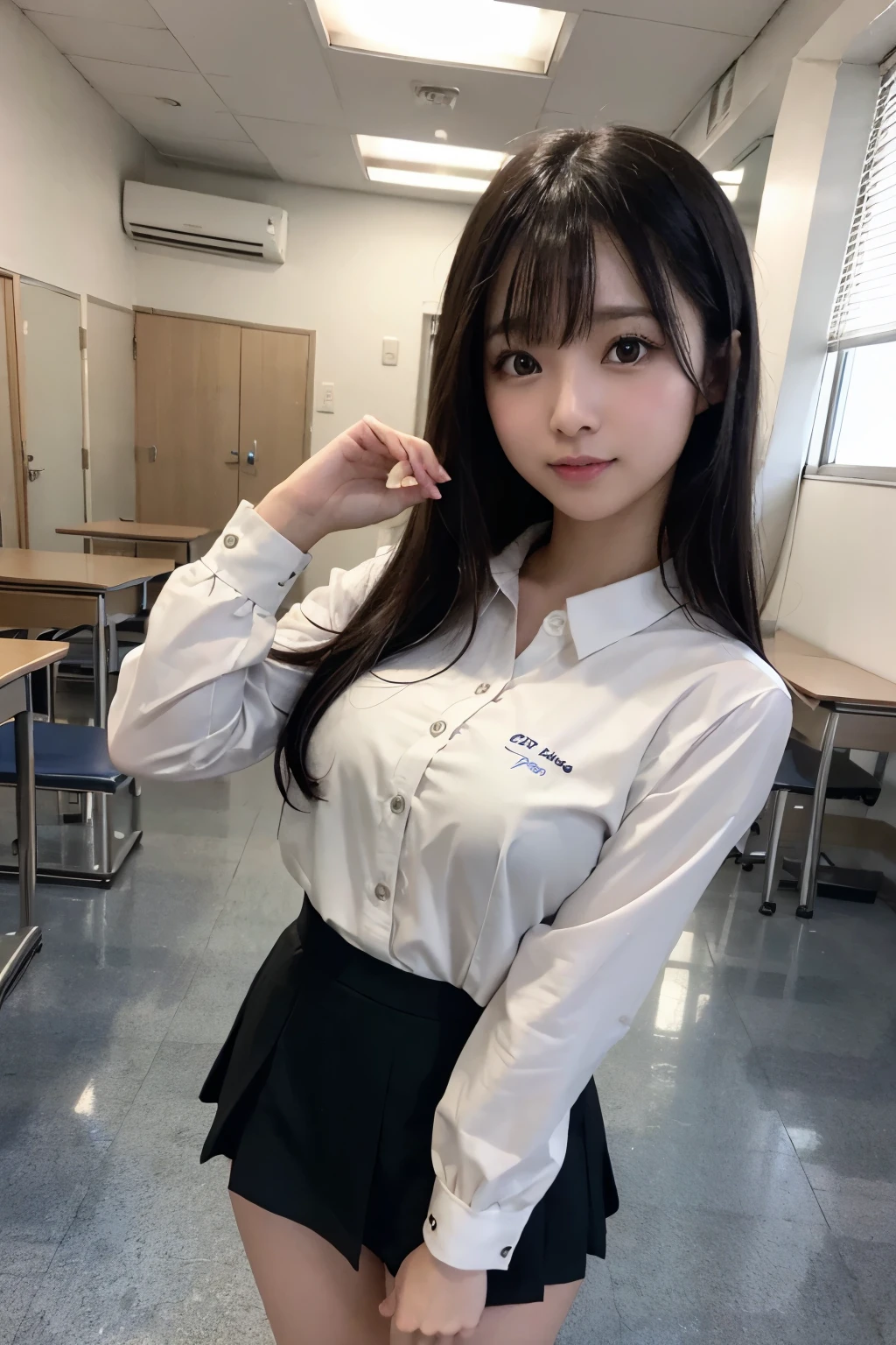 Arafed Asian woman in a short skirt, bonita, Olhos detalhados, Double eyelidm, Pele tonificada com trigo, Sexy feminino, Uniforme escolar, dentro da sala de aula, meio agachamento