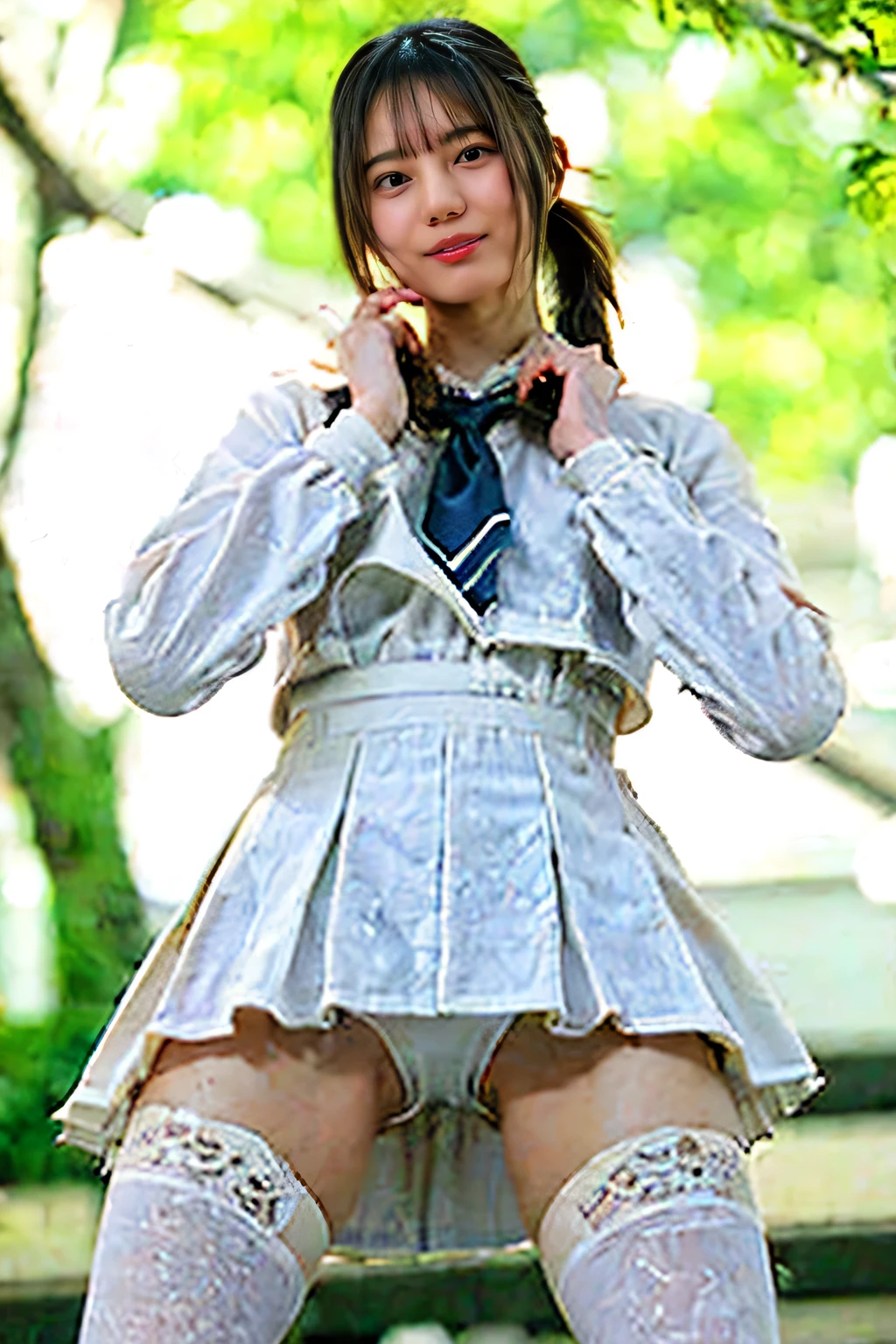 (8k、RAW Photos、highest quality、masterpiece:1.2)、(Realistic、Realistic)、 (from below:1.5),1 girl、white skin、ponytail、Beautiful bangs、((Smooth, shiny, super long, natural blonde)),Silky Hair、Looking straight at the camera、Japanese Sailor Suit、micro skirt,Small Face Beauty、Gloss Face、Cheek gloss、　thigh-high socks
thighhighs,(See-through)、small Breasts、(slim body、skiny legs )，standing,open legs:1.5,show me panty, spread legs，raising hands above head))，smile,detailed face,detailed skin，detailed body, detailed，correct finger，sea side