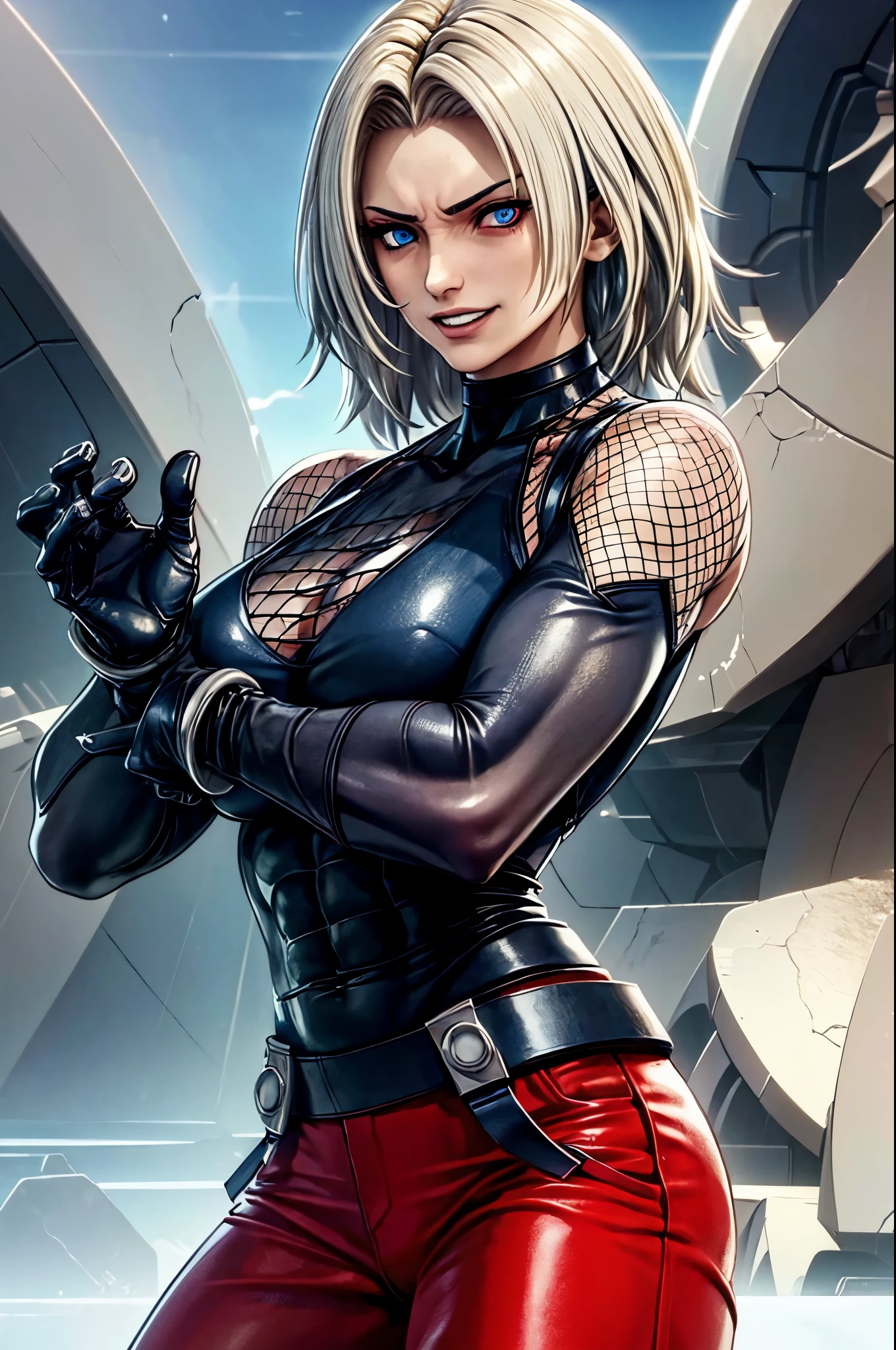 (masterpiece, best quality:1.2), expressive eyes, perfect face, highres, 1girl, solo, (female:1.5), rugal,bangs,blue eyes,red eyes (blonde hair:1.2), muscular, heterochromia, muscular female, fishnets,glowing eyes, glowing eye, covered collarbone, gloves, pants, red pants,black gloves,body suit, covered abs, grin, smirtk, fighting stance, standing, upper body, looking at the viewer