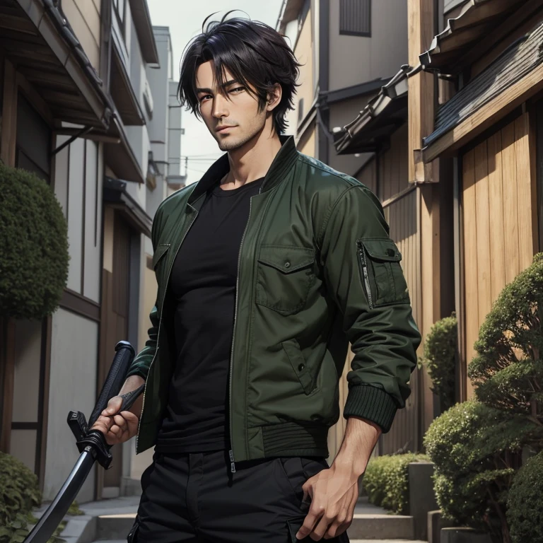 ((Anime)) ((semirealism))
An original character in semi realism art style. He is 35 years old, has slight stubble, has medium messy hair with the left side slicking back, Japanese, naturally handsome, black t shirt covered in a green air force inspired jacket, and cargo pants. He is holding a katana.