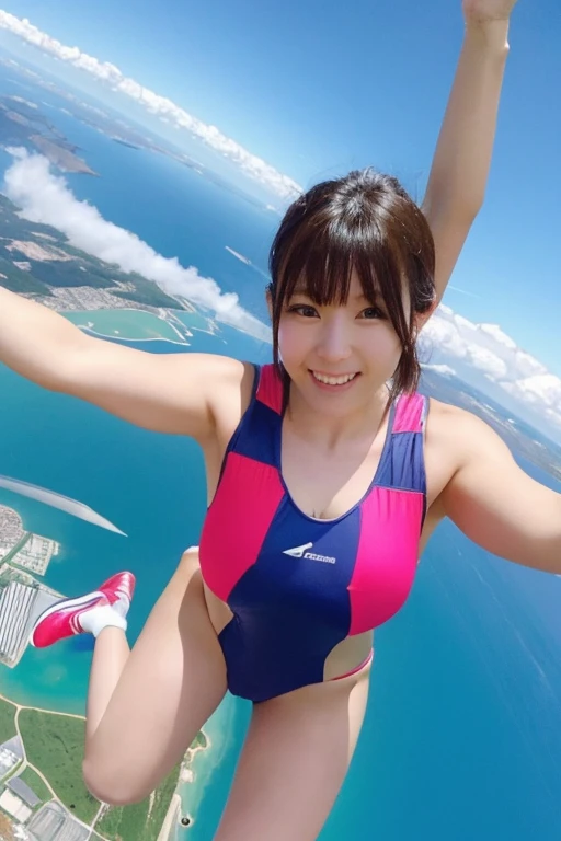 A cute, beautiful, voluptuous Japanese woman in her late 20s with a boyish hairstyle, skydiving at 4000 meters above the ground.、They are having so much fun that they are spreading their arms and legs out in excitement.、She looks great in a micro bikini