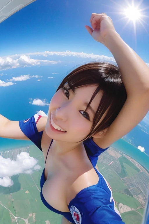 A cute, beautiful, voluptuous Japanese woman in her late 20s with a boyish hairstyle, skydiving at 4000 meters above the ground.、They are having so much fun that they are spreading their arms and legs out in excitement.、She looks great in a micro bikini