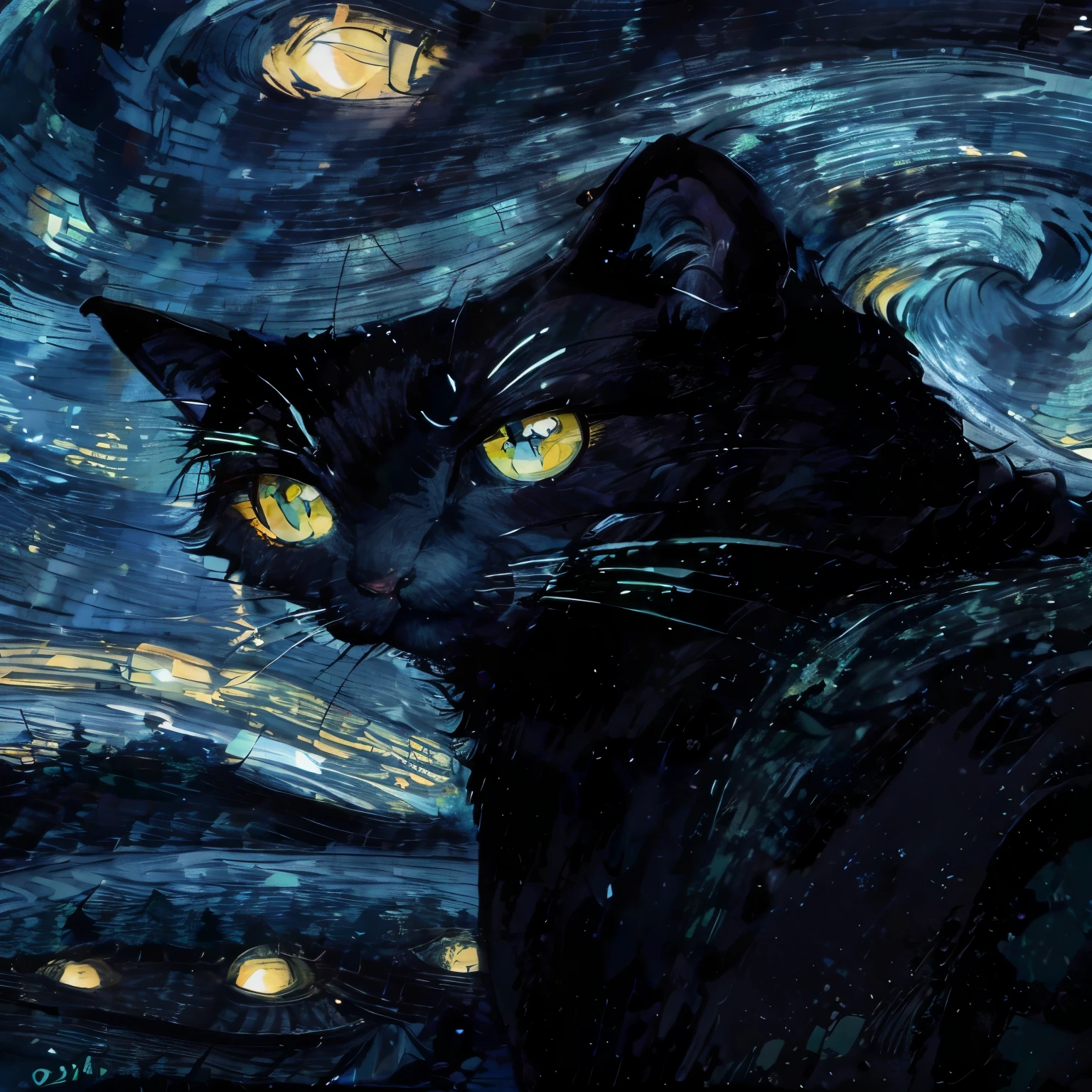 gato amarelo com olhos verdes de perfil com a noite estrelada de van gogh ao fundo