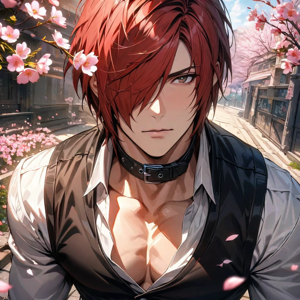 absurdres, highres, ultra detailed, HDR, master piece, best quality, extremely detailed face and eyes, Iori Yagami, red hair, short hair, hair over the right eye, expressive brown eyes, The King Of Fighters, black vest, white shirt, black collar, solo, sexy man, handsome, pink flowers, blossoms, spring