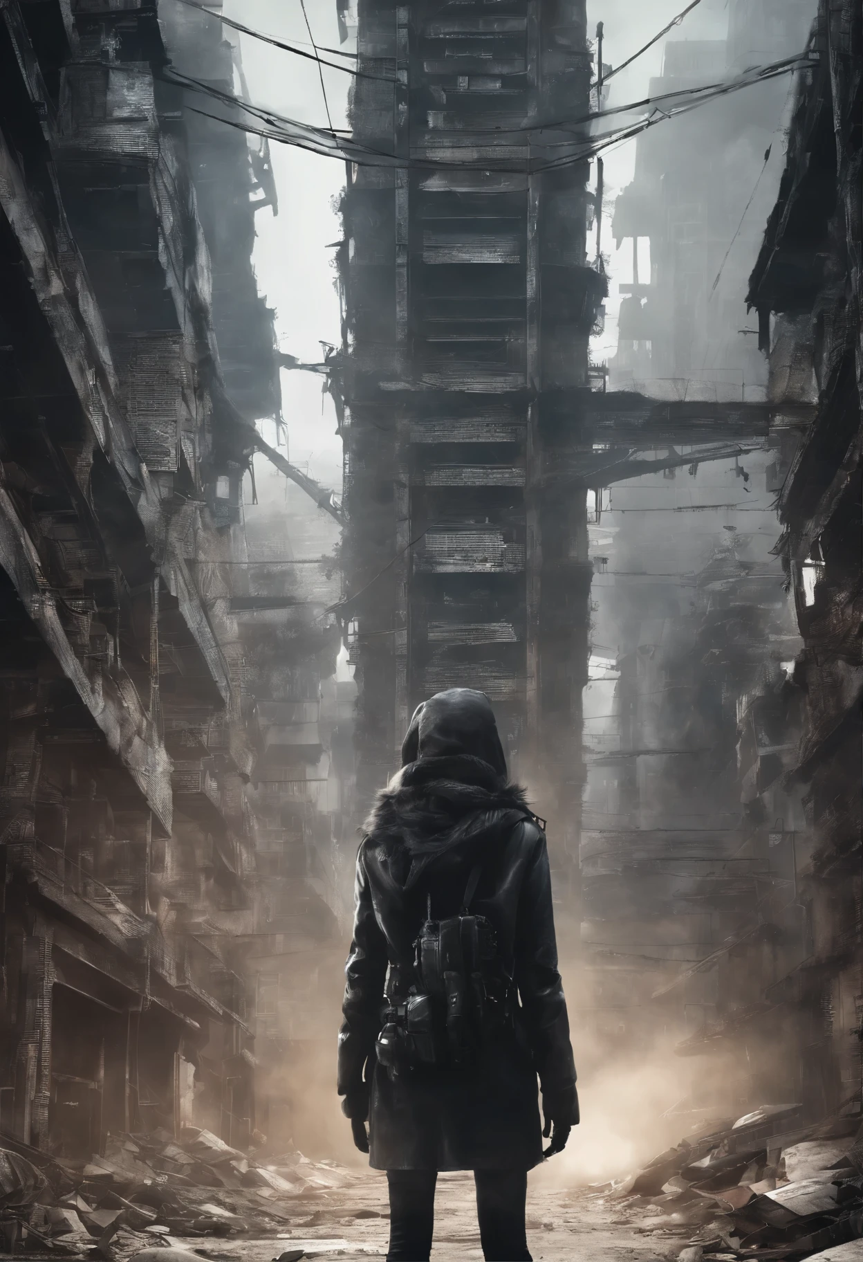 image taken from behind the shoulder of a GIRL with her back turned and DRESSED IN A HOOD from a second floor balcony of a dilapidated futuristic building, She is looking at an aerial view of an ultra-futuristic North American megalopolis, distopia, curved buildings in ruins, apocalypse moderno, view of the entire city with many cylindrical buildings and metal houses in dark colors from dark blue to black and in ruins, the apocalyptic city has shades of metal gray, has smoky metal structures , apocalyptic industrial environment with smoke and fog around, carros escuros nas ruas, viadutos largos e longos e bifurcados no meio da cidade, desert megalopolis, trilhos e trens modernos de de metal passando estre as ruas da cidade, tall futuristic metal buildings, many ultra modern buildings around, , as realistic as possible, As detailed as possible, imagem realista, Science fiction
