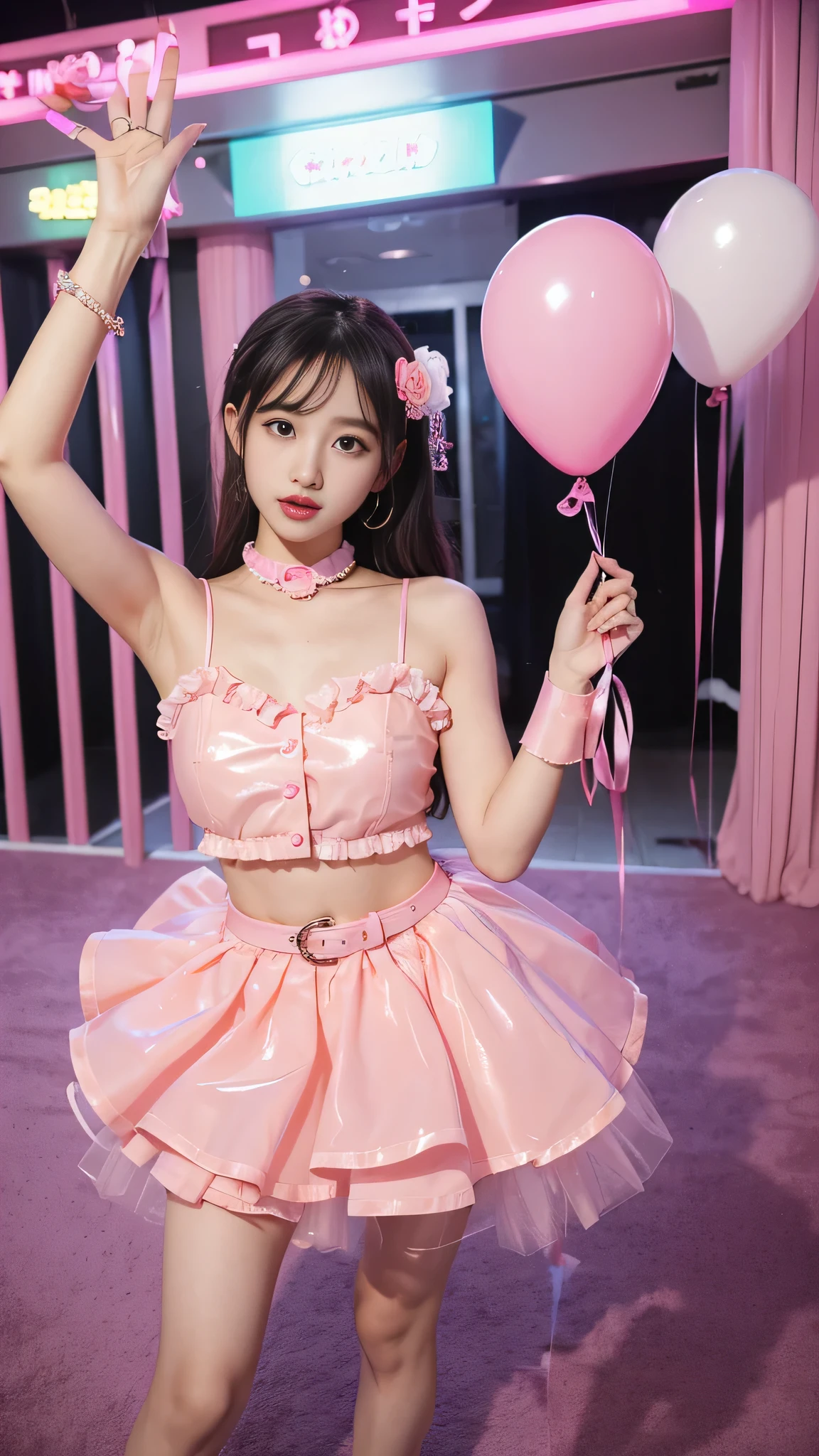 (8k、RAW Photos、highest quality、masterpiece:1.2)、(Realistic、Realistic)、1 girl、((Belly button、smile、Ribbon on chest、Pink and black miniskirt、boots、Large Breasts、Semi-long hair、View from the front、stage、Spotlight、Standing with hands on hips))、Lots of eyelashes、Glowing eyelids、skeletally correct