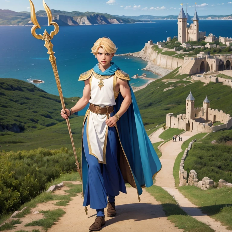 Medieval prince, médium blonde hair, light eyes, dressed in medieval clothes sleeveless enjoying the landscape of the kingdom with a trident in his hand Full body