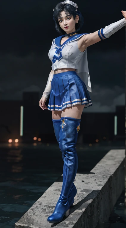 Unreal Engine:1.4,Ultra-high resolution,Best Quality:1.4, Realistic:1.4, Skin Texture:1.4, masterpiece:1.8, (Sailor Mercury:1.4), blue eyes, uniform, 両handを水平に広げる、Christ Pose、Large Breasts, tiara, Sailor Warrior Uniforms, (RAW Photos, Best Quality), masterpiece, foolish, sexy, Pelo azul corto floating, Blue sailor collar, (Over the knee boots: 1.4), choker, 白いhand袋, choker azul, 肘用hand袋, gem, Earrings, Blue Skirt:1.4, only, whole body, Shiny black hair, (hand:1.4), Octane Rendering, God of Fire, (raindrop), Wet clothes, (Dense and beautiful water), (floating), Dynamic Angle, Browsing Caution,Best Quality,masterpiece,Ultra-high resolution,(Cowboy Shot:1.3),(Realistic:1.4),RAW Photos 8K,Cinema Lighting,Official Art,evening, //, Large Breasts,,hermosas feet,naked,Tall Woman,skinny,Delgado_feet,thigh_gap,(Watching the audience:1.2),model,thighs negros,Christ Pose,High heels,from the front,liar,show ,(Apocalyptic Destroyed City:1.4), ((Missionary anal penetration)),((feet abiertas)),((Extreme close up)),(Super detailed),Portraiture,(masterpiece),(Best Quality),(Super detailed),Professional Lighting, mercury