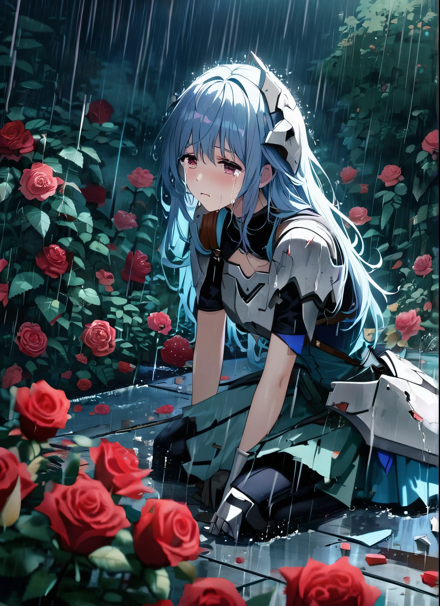 A girl, kneeling in the floor, wearing a shattered and broken armor, missing pieces ,broken helmet ,broken shield and broken sword, in tears, sad, dramatic scene, tears flowing in the face, garden, roses, rain, ultra detailed face