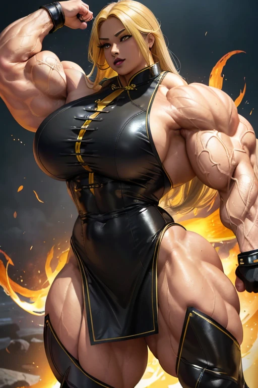 ((((Massive, beautiful, buff, light brown skinned, muscular woman with yellow hair, black lipstick, glowing gray eyes, ginormous bulky muscles, and wearing a beautiful long black leather cheongsam dress)))), close view, massive muscles, massive biceps, hyper muscle triceps, (long flowing hair), gray eyes, (studded wristband), high heels boots, (in a sea of yellow flames), surrounded by yellow fire, night, smirk, hyper muscles arms, hyper muscle legs, massive arms.