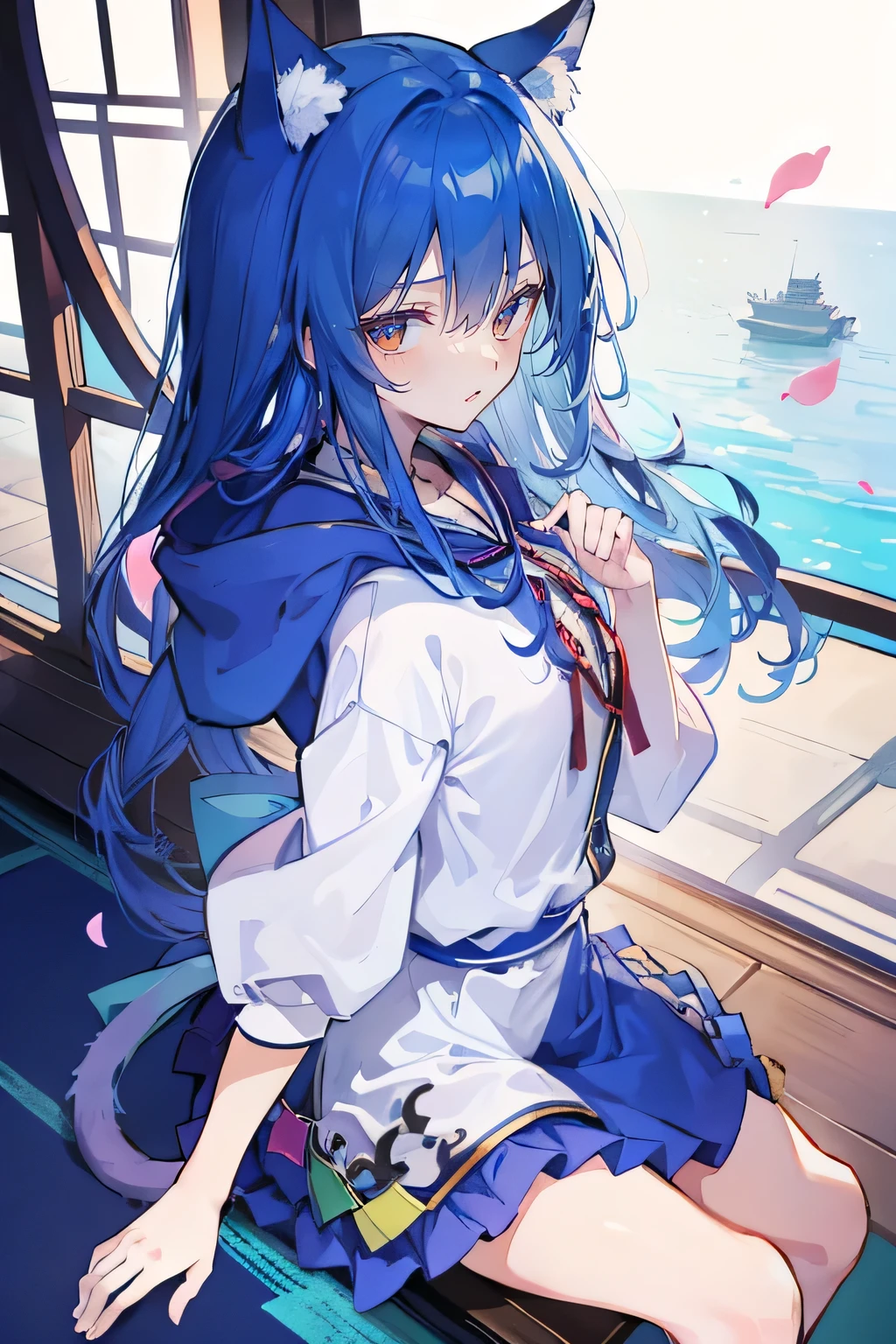 (masterpiece:1.2),Super detailed,lifelike,Expressive eyes,fair skin,perfect face shape,1 girl,
Japanese comics,Gorgeous blue hair,flowing blue hair,flowing clothes,Cat ears,Petals fall,beautiful lola,Baby Angel,
Shaking head with one hand,Cross your legs,Gentle and peaceful background,The pavilion is cool and comfortable,smile, wearing hoodie, background of tokyo,back views.