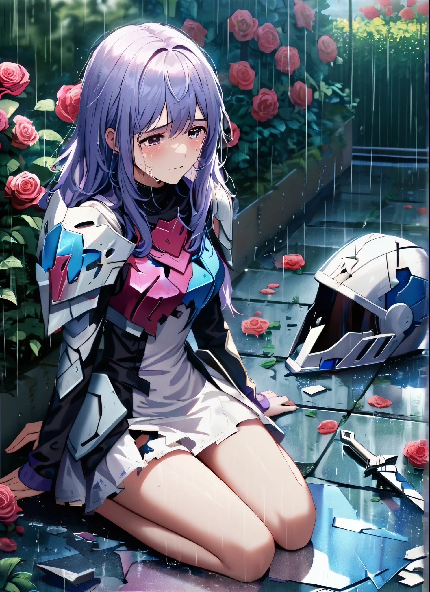A girl, kneeling in the floor, wearing a shattered and broken armor, missing pieces ,broken helmet ,broken shield and broken sword, in tears, sad, dramatic scene, tears flowing in the face, garden, roses, rain, ultra detailed face