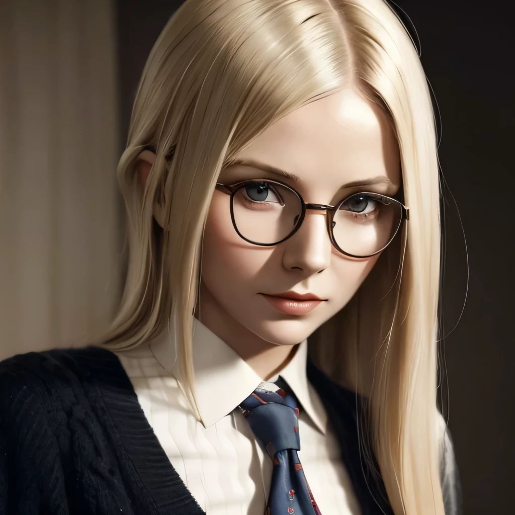 1930 British woman, 1930 portrait, woman with tie and Sweater, straight long hair style, dirty blond hair, woman with glasses, 1930 glasses, Expression would be and determined, clear skin, 1930 photo style, 1930 portrait style, 1930 phot filter, 1930
