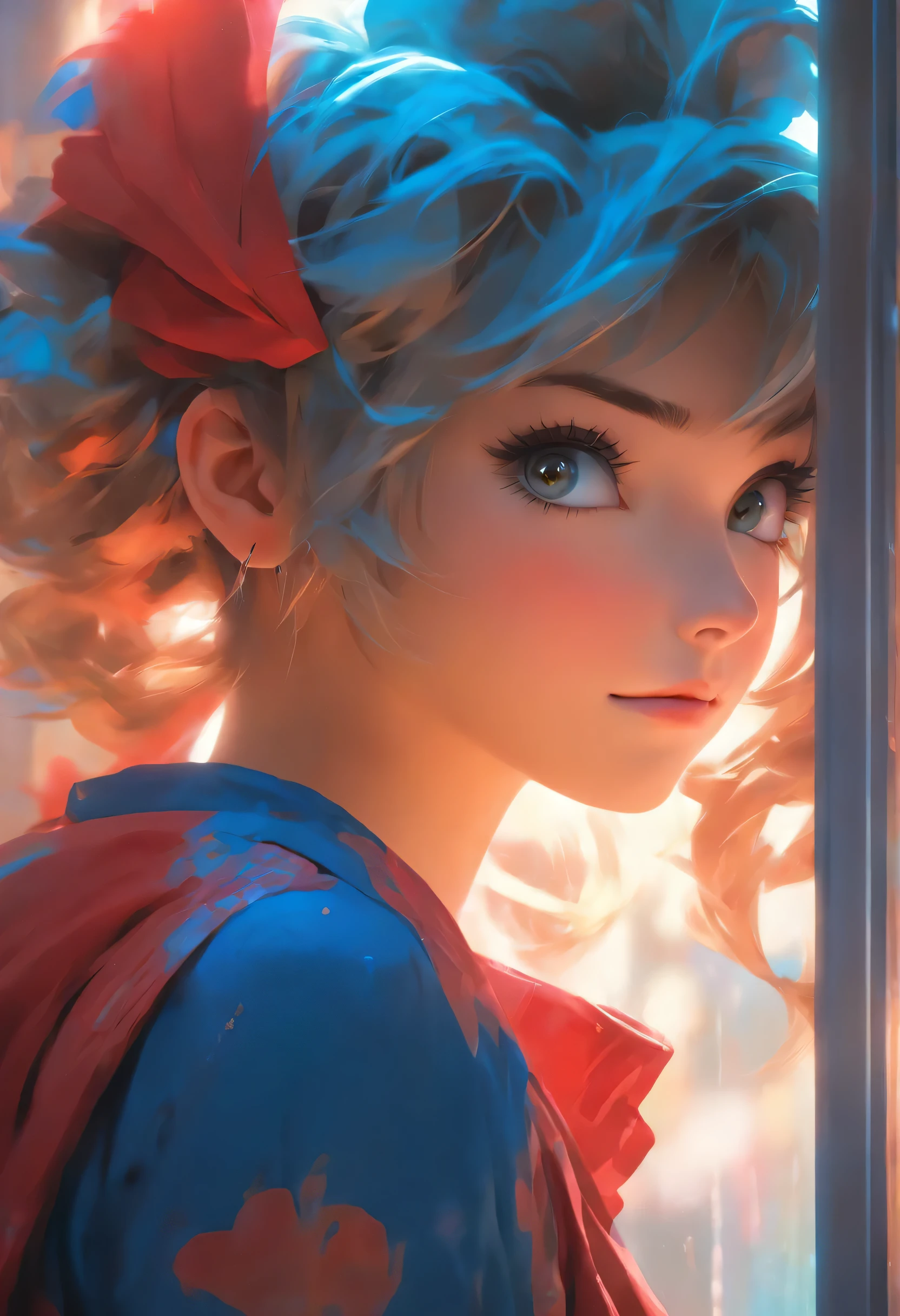 arafed image of a girl in a red and blue costume looking out a window, wojtek fus, ross tran 8 k, cgsociety 8 k, cgsociety 8k, cgsociety 8k, realistic anime 3 d style, artgerm and atey ghailan, ilya kuvshinov. 4 k, cinematic cgsociety, cgsociety inspired