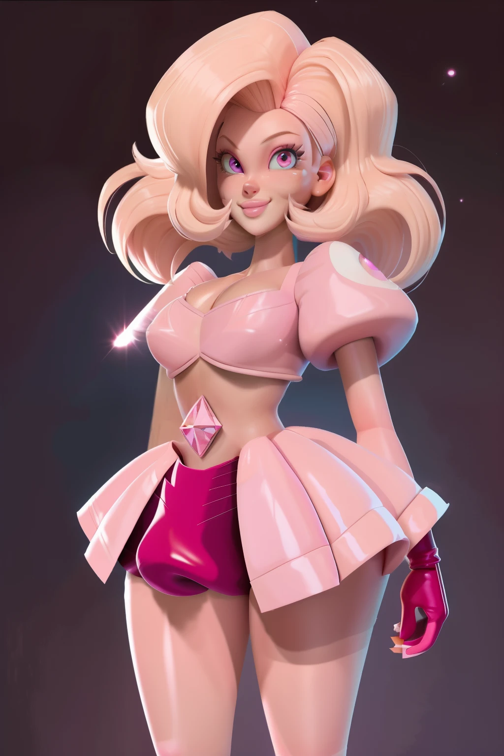 pnkdamond, pink hair, pink eyes, big hair, stomach gem, pink skin, toned,
puffy short sleeves, elbow gloves , white thighhighs, puffy dress,
standing, upper body,
outerspace,
(insanely detailed, beautiful detailed face,beautiful detailed eyes, masterpiece, best quality) cinematic lighting, smile,