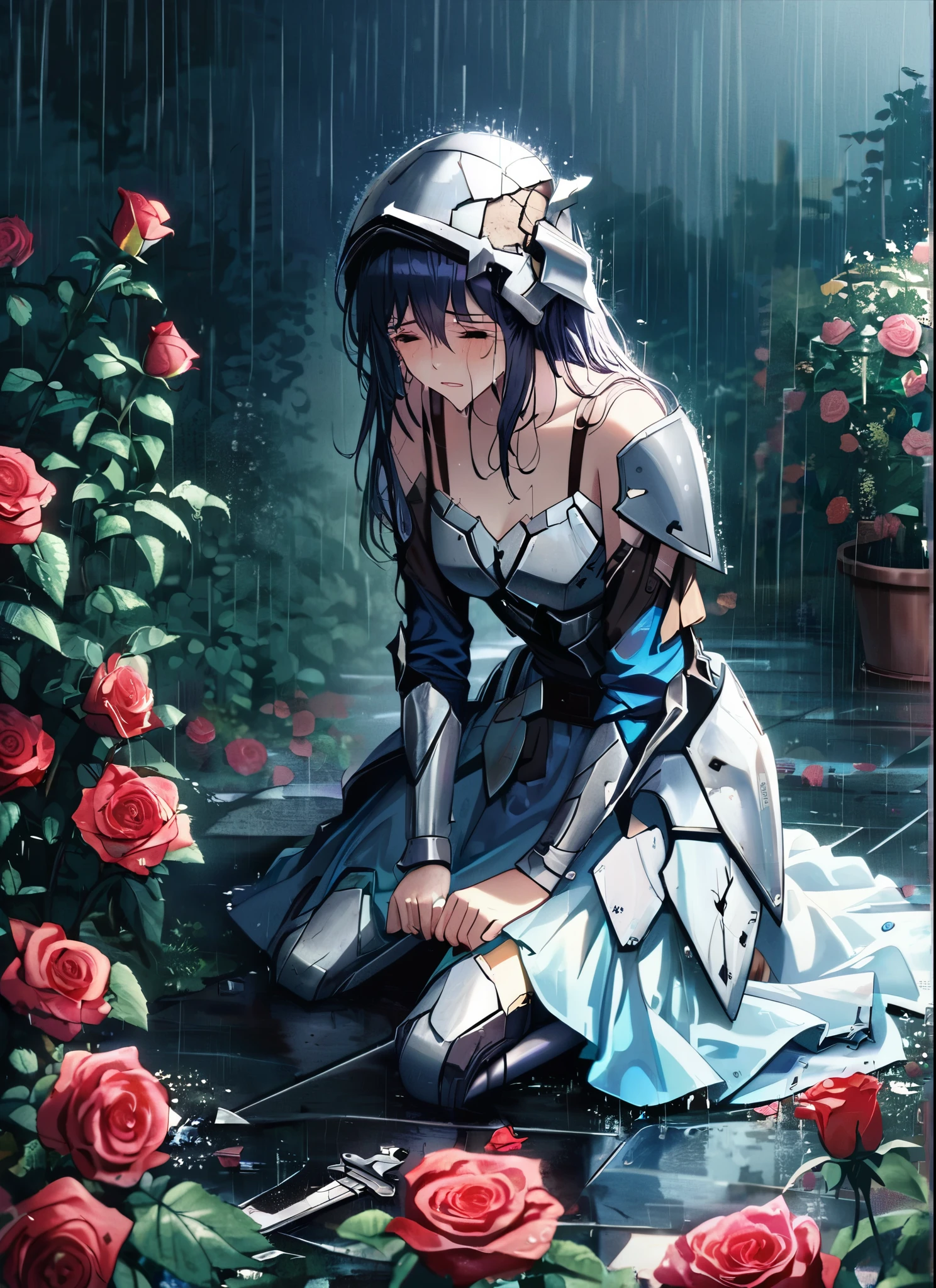 A girl, kneeling in the floor, wearing a shattered and broken armor, missing pieces ,broken helmet ,broken shield and broken sword, in tears, sad, dramatic scene, tears flowing in the face, garden, roses, rain, ultra detailed face