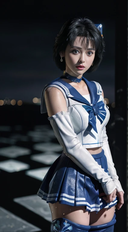 Unreal Engine:1.4,Ultra-high resolution,Best Quality:1.4, Realistic:1.4, Skin Texture:1.4, masterpiece:1.8, (Sailor Mercury:1.4), blue eyes, uniform, 両handを水平に広げる、Christ Pose、Large Breasts, tiara, Sailor Warrior Uniforms, (RAW Photos, Best Quality), masterpiece, foolish, sexy, Pelo azul corto floating, Blue sailor collar, (Over the knee boots: 1.4), choker, 白いhand袋, choker azul, 肘用hand袋, gem, Earrings, Blue Skirt:1.4, only, whole body, Shiny black hair, (hand:1.4), Octane Rendering, God of Fire, (raindrop), Wet clothes, (Dense and beautiful water), (floating), Dynamic Angle, Browsing Caution,Best Quality,masterpiece,Ultra-high resolution,(Cowboy Shot:1.3),(Realistic:1.4),RAW Photos 8K,Cinema Lighting,Official Art,evening, //, Large Breasts,,hermosas feet,naked,Tall Woman,skinny,Delgado_feet,thigh_gap,(Watching the audience:1.2),model,thighs negros,Christ Pose,High heels,from the front,liar,show ,(Apocalyptic Destroyed City:1.4), ((Missionary anal penetration)),((feet abiertas)),((Extreme close up)),(Super detailed),Portraiture,(masterpiece),(Best Quality),(Super detailed),Professional Lighting, mercury