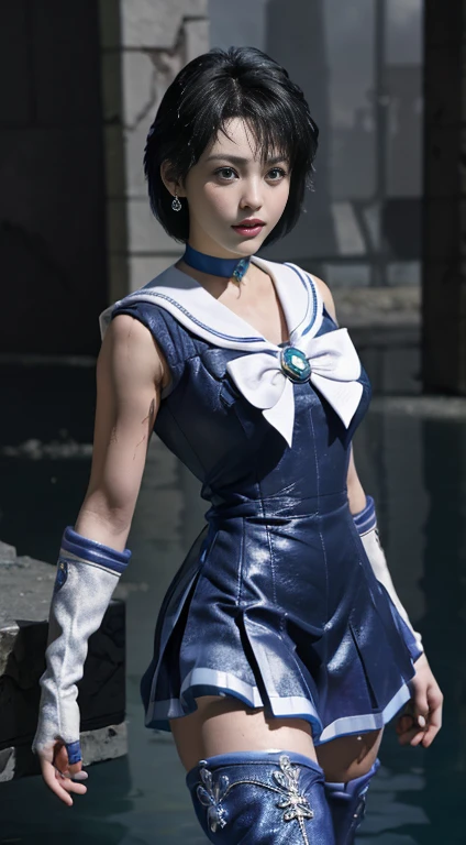 Unreal Engine:1.4,Ultra-high resolution,Best Quality:1.4, Realistic:1.4, Skin Texture:1.4, masterpiece:1.8, (Sailor Mercury:1.4), blue eyes, uniform, 両handを水平に広げる、Christ Pose、Large Breasts, tiara, Sailor Warrior Uniforms, (RAW Photos, Best Quality), masterpiece, foolish, sexy, Pelo azul corto floating, Blue sailor collar, (Over the knee boots: 1.4), choker, 白いhand袋, choker azul, 肘用hand袋, gem, Earrings, Blue Skirt:1.4, only, whole body, Shiny black hair, (hand:1.4), Octane Rendering, God of Fire, (raindrop), Wet clothes, (Dense and beautiful water), (floating), Dynamic Angle, Browsing Caution,Best Quality,masterpiece,Ultra-high resolution,(Cowboy Shot:1.3),(Realistic:1.4),RAW Photos 8K,Cinema Lighting,Official Art,evening, //, Large Breasts,,hermosas feet,naked,Tall Woman,skinny,Delgado_feet,thigh_gap,(Watching the audience:1.2),model,thighs negros,Christ Pose,High heels,from the front,liar,show ,(Apocalyptic Destroyed City:1.4), ((Missionary anal penetration)),((feet abiertas)),((Extreme close up)),(Super detailed),Portraiture,(masterpiece),(Best Quality),(Super detailed),Professional Lighting, mercury