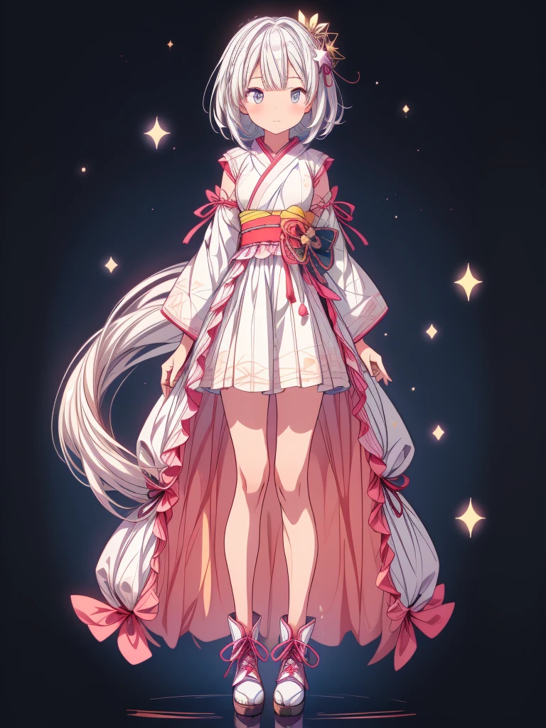 highest quality、8K,Handsome face、vtuber-fullbody、視聴者に向かって真っすぐfrontの絵、Star Fairy、全身front立ち絵、front、1girl,highest quality、Masterpiece、Official Art、Super detailed、super beautiful、かわいいStar Fairy、White hair straight short hair、Milky Way、universe、star charm、Star、Baby Face、Knee-high boots、Japanese pattern dress、A beautiful girl wearing a black and white outfit made from a remade yukata、universeを思わせる花魁フリルドレス、Simple Background、