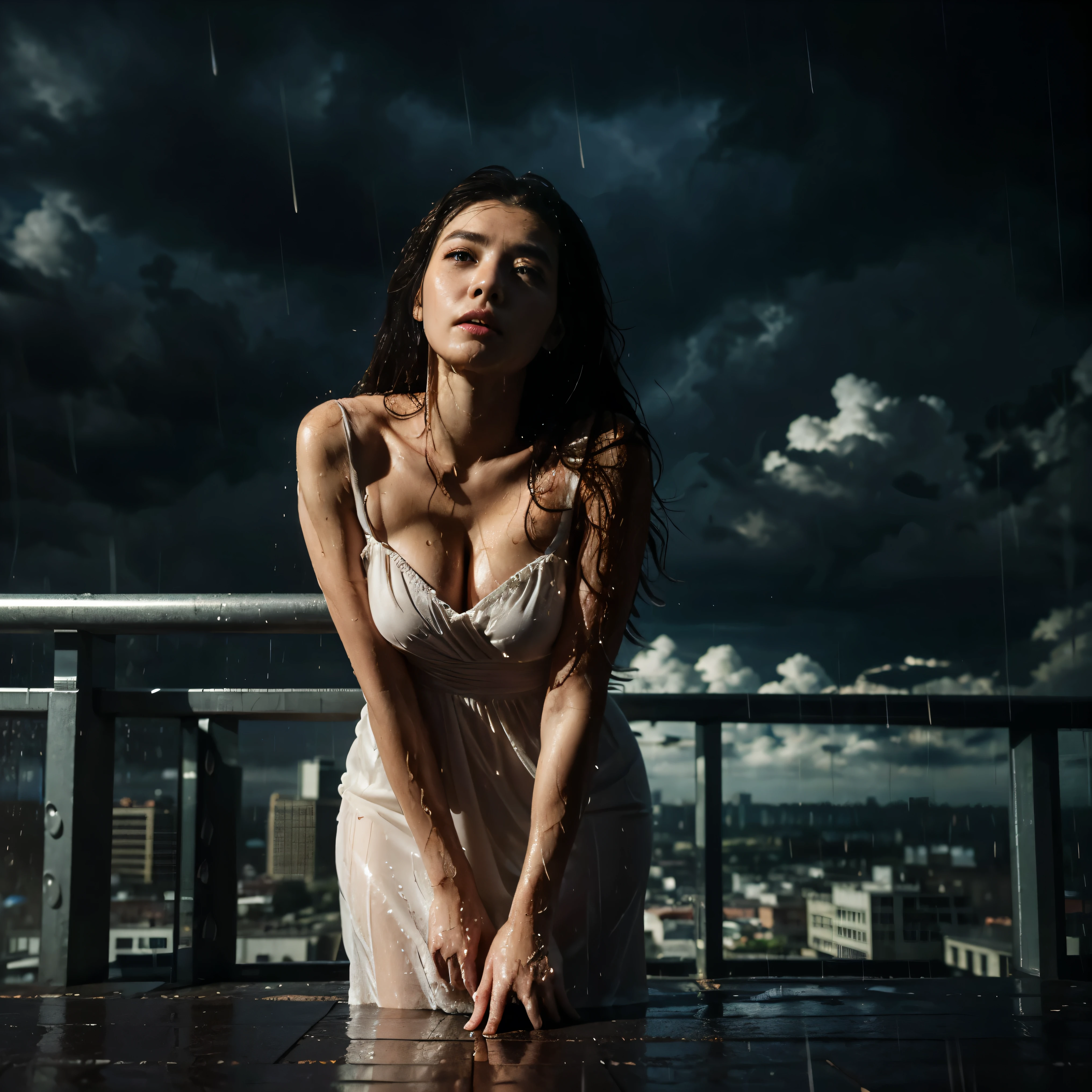 (highest quality、4K、High resolution)、Portrait、Beautifully detailed eyes、Perfectly shaped nose、Full and seductive lips、Shiny wet hair、A visually striking face、Ideal Body Proportions、A feminine and primitive see-through dress、Stand on a rooftop and look out over the city skyline、Tall modern skyscrapers、There was a strong wind blowing.、(Heavy rain is pouring down from the dark clouds:1.6)、Dramatic lightning lit up the sky、My wet clothes were sticking to my body、Kneeling gracefully and confidently on the rooftop、Dresses fluttering in the wind、Eyes staring straight into the camera lens、It creates a fascinating and powerful connection.