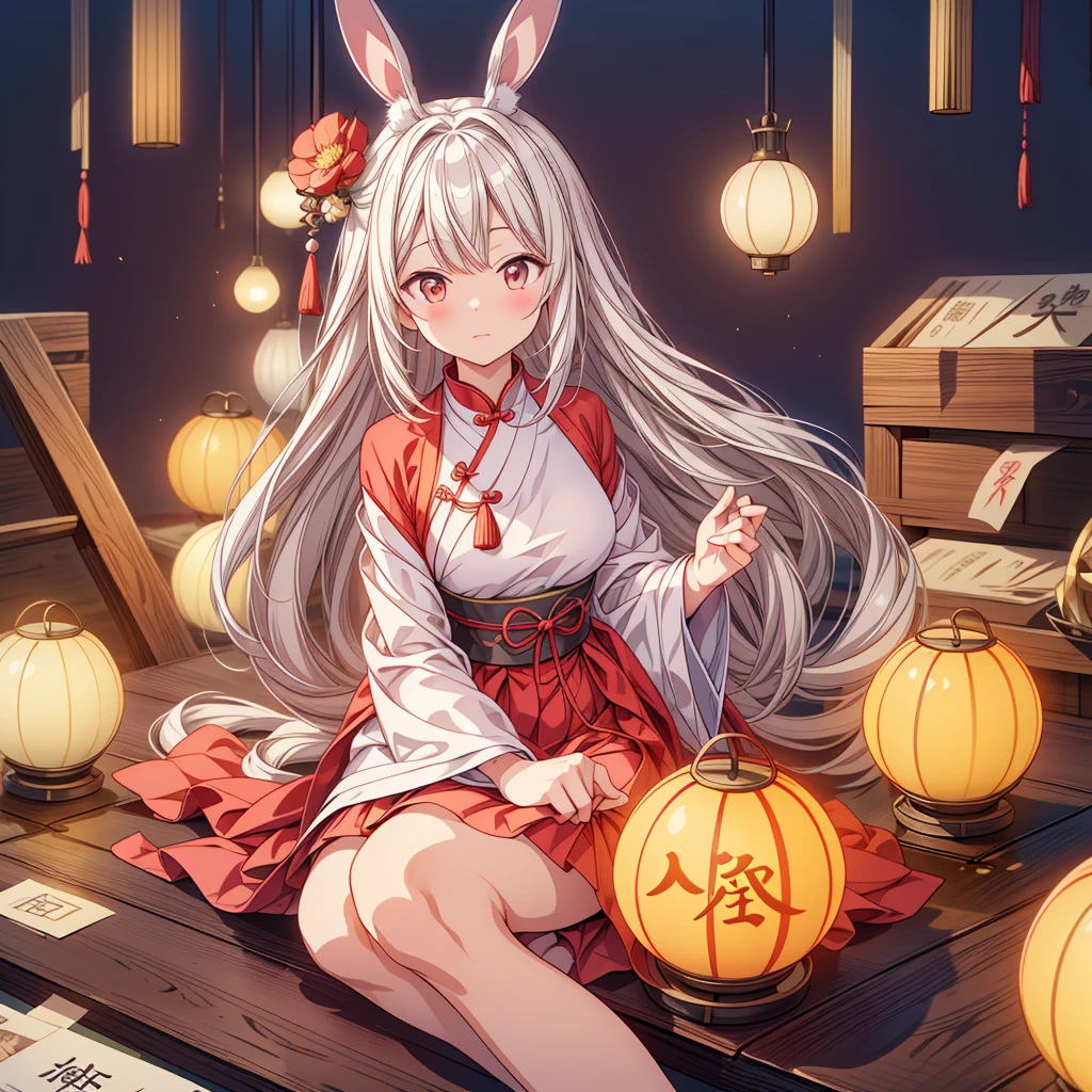 (rabbit:1.4)、Sitting on the ground、look up、((Mid-Autumn Festival atmosphere;1.2、Kinmokusei、Kongming lantern、Meniscoon cake))、(Chinese character:1.3)、traditional chinese illustration style、Digital Art、Simple Background、A masterpiece on a white background、最high quality、Super detailed、high quality、4K