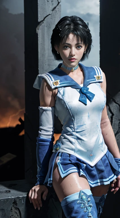 Unreal Engine:1.4,Ultra-high resolution,Best Quality:1.4, Realistic:1.4, Skin Texture:1.4, masterpiece:1.8, (Sailor Mercury:1.4), blue eyes, uniform, 両handを水平に広げる、Christ Pose、Large Breasts, tiara, Sailor Warrior Uniforms, (RAW Photos, Best Quality), masterpiece, foolish, sexy, Pelo azul corto floating, Blue sailor collar, (Over the knee boots: 1.4), choker, 白いhand袋, choker azul, 肘用hand袋, gem, Earrings, Blue Skirt:1.4, only, whole body, Shiny black hair, (hand:1.4), Octane Rendering, God of Fire, (raindrop), Wet clothes, (Dense and beautiful water), (floating), Dynamic Angle, Browsing Caution,Best Quality,masterpiece,Ultra-high resolution,(Cowboy Shot:1.3),(Realistic:1.4),RAW Photos 8K,Cinema Lighting,Official Art,evening, //, Large Breasts,,hermosas feet,naked,Tall Woman,skinny,Delgado_feet,thigh_gap,(Watching the audience:1.2),model,thighs negros,Christ Pose,High heels,from the front,liar,show ,(Apocalyptic Destroyed City:1.4), ((Missionary anal penetration)),((feet abiertas)),((Extreme close up)),(Super detailed),Portraiture,(masterpiece),(Best Quality),(Super detailed),Professional Lighting, mercury