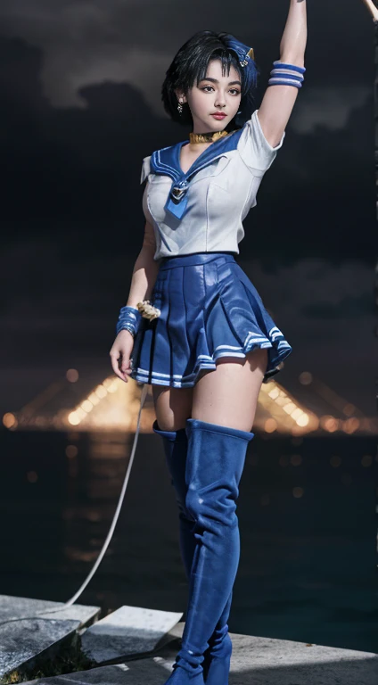 Unreal Engine:1.4,Ultra-high resolution,Best Quality:1.4, Realistic:1.4, Skin Texture:1.4, masterpiece:1.8, (Sailor Mercury:1.4), blue eyes, uniform, 両handを水平に広げる、Christ Pose、Large Breasts, tiara, Sailor Warrior Uniforms, (RAW Photos, Best Quality), masterpiece, foolish, sexy, Pelo azul corto floating, Blue sailor collar, (Over the knee boots: 1.4), choker, 白いhand袋, choker azul, 肘用hand袋, gem, Earrings, Blue Skirt:1.4, only, whole body, Shiny black hair, (hand:1.4), Octane Rendering, God of Fire, (raindrop), Wet clothes, (Dense and beautiful water), (floating), Dynamic Angle, Browsing Caution,Best Quality,masterpiece,Ultra-high resolution,(Cowboy Shot:1.3),(Realistic:1.4),RAW Photos 8K,Cinema Lighting,Official Art,evening, //, Large Breasts,,hermosas feet,naked,Tall Woman,skinny,Delgado_feet,thigh_gap,(Watching the audience:1.2),model,thighs negros,Christ Pose,High heels,from the front,liar,show ,(Apocalyptic Destroyed City:1.4), ((Missionary anal penetration)),((feet abiertas)),((Extreme close up)),(Super detailed),Portraiture,(masterpiece),(Best Quality),(Super detailed),Professional Lighting, mercury