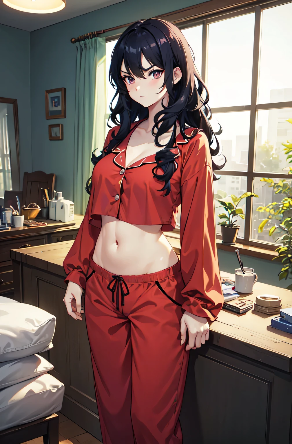 super fine illustration, vibrant colors, masterpiece, sharp focus, best quality, depth of field, cinematic lighting, ultra detailed, sleeves, crop top, pajamas, button-up, pajama pants, drawstring, belly button, wide hips, 1 woman, home, solo, milf, very messy hair, dark color hair, long hair, curly hair, blush, angry, room, indoors, pouting, mature female, tall woman, medium breasts, v-shaped eyebrows, hip pose