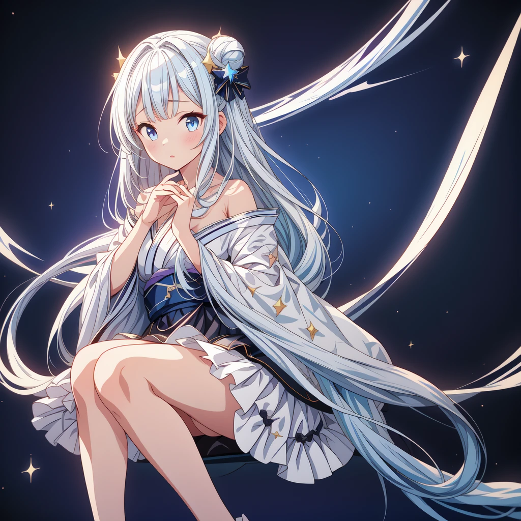 sitting on the crescent moon、(masterpiece, best quality), 1girl,  1girl、vtuber-fullbody、Star Fairy、「A beautifully printed galaxy patterned kimono and gothic lolita outfit.、Space pattern box pleated mini skirt with ruffles、Front full body portrait、Captivating eyes、Perfect and stunning face、Exquisite details、Clear images、highest quality。」Milky white and light blue gradient straight long hair、