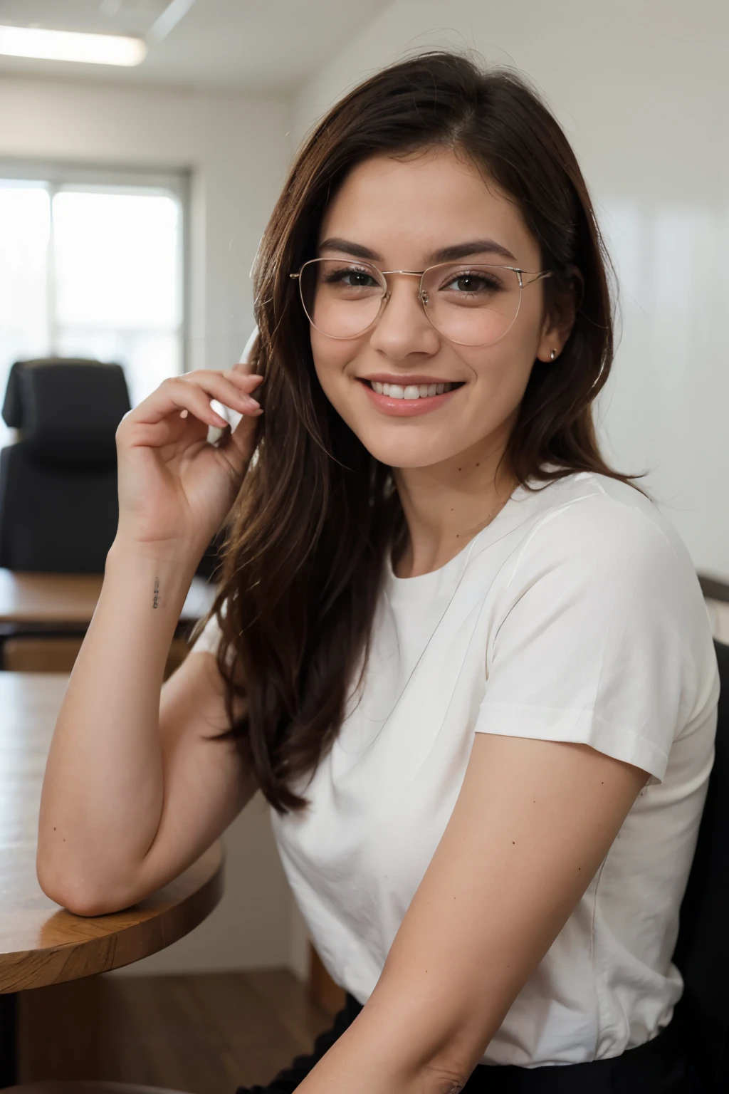 Mujer ejecutiva esperando a su cliente, mujer con gafas negras en un lugar con luz natural del exterior de su oficina, leve sonrisa y falda.distinta postura de la mujer. falda muy formal.
