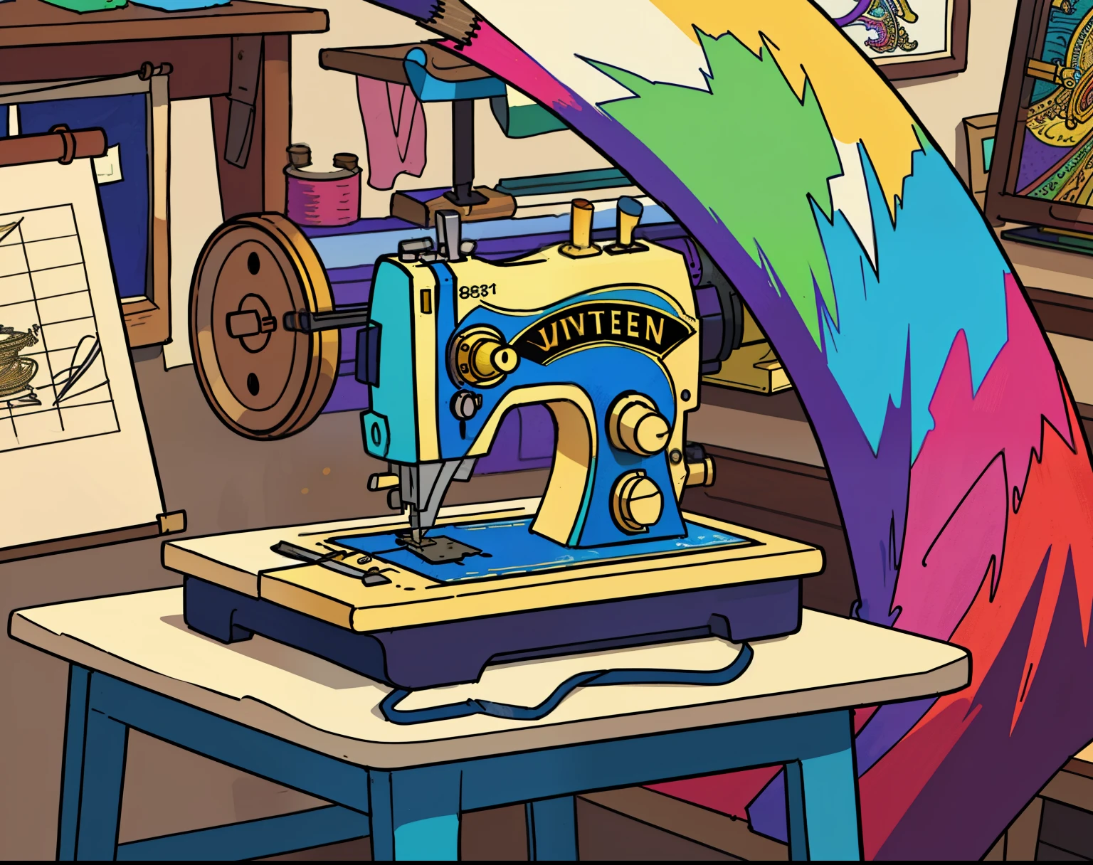 A vivid and intricately detailed drawing of a sewing machine sits elegantly on a table, its metallic surfaces glistening under studio lighting. The machine's various components are depicted with utmost precision, from the spool of thread to the intricate mechanism of the needle. The table cloth beneath it is also rendered in soft shadows, adding depth and texture to the image.

A multicolored t-shirt, a stunning piece of art in itself, hangs nearby, showcasing an array of vibrant colors and expressive patterns. The t-shirt's intricate design is brought to life through the use of colored pencils, each hue meticulously blended to create a stunning effect