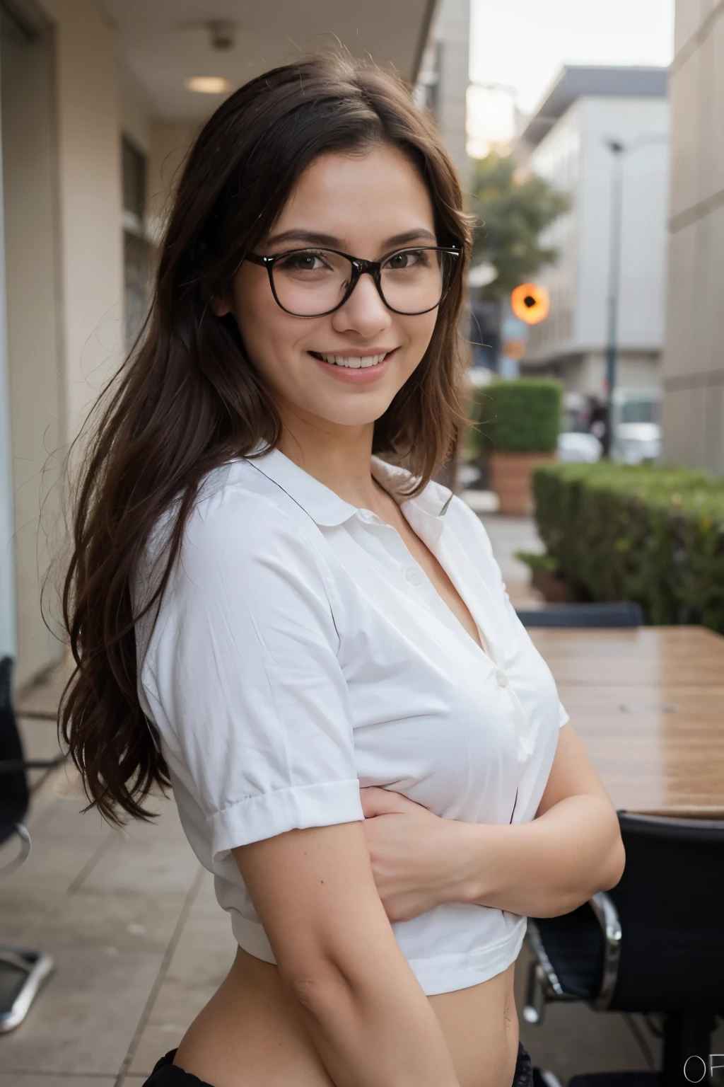 Mujer ejecutiva esperando a su cliente, mujer con gafas negras en un lugar con luz natural del exterior de su oficina, leve sonrisa y falda.