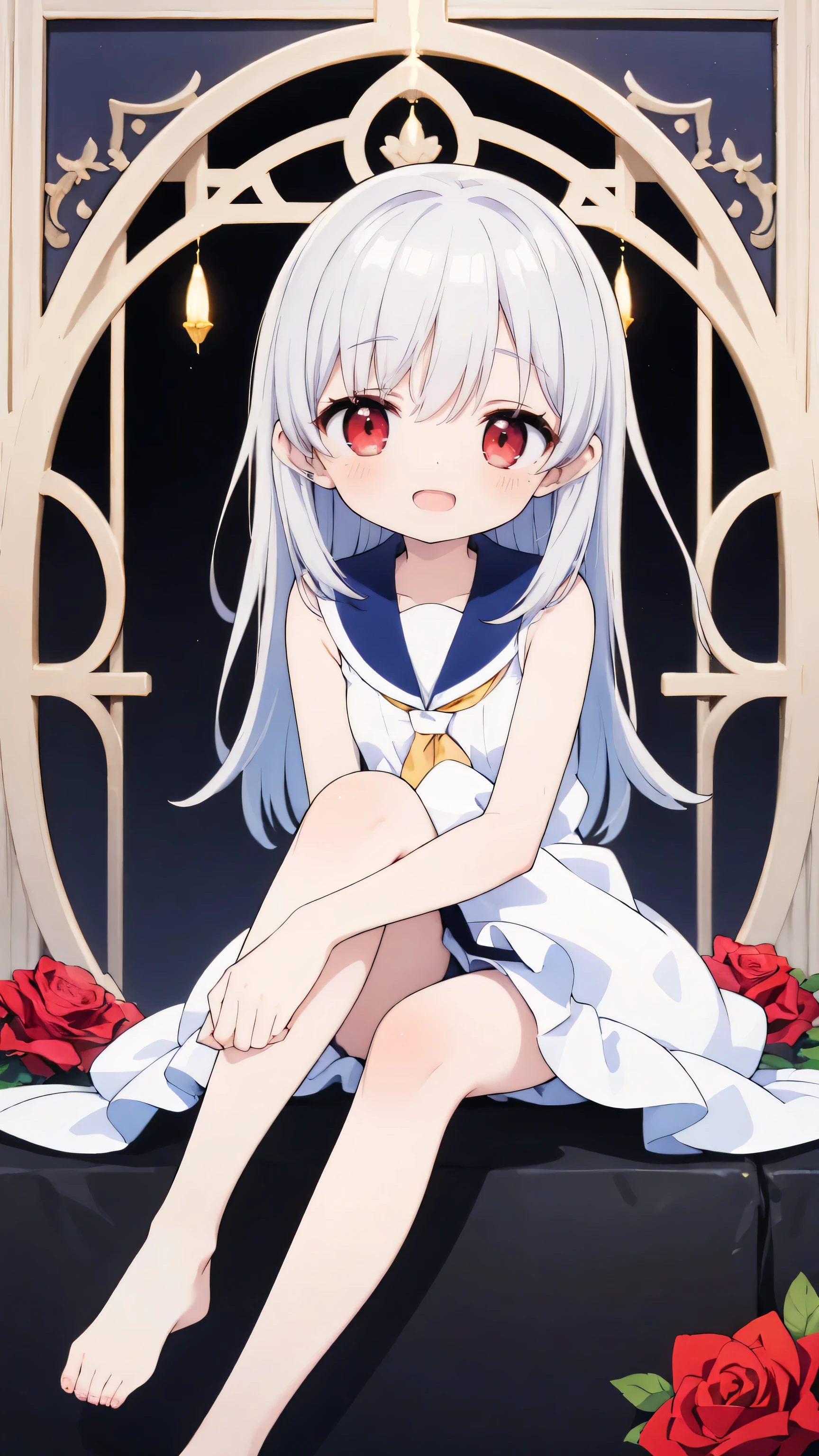 Very cute girl、(I am 12 years old)、Light Silver Hair、Bangs too close to the eyes、Glowing red eyes、(Normal Human Ear)、Thin arms、Beautiful body、Thin legs、Translucent white skin、Happy smile、Open your mouth、(Sleeveless sailor suit、Ultra mini skirt).(Rose Garden)、Playing innocently、Ultra HD、Digital SLR、Many colorful roses blooming in the background、Upper Body Shot、Sitting with legs crossed、Sitting with knees hugged、running、