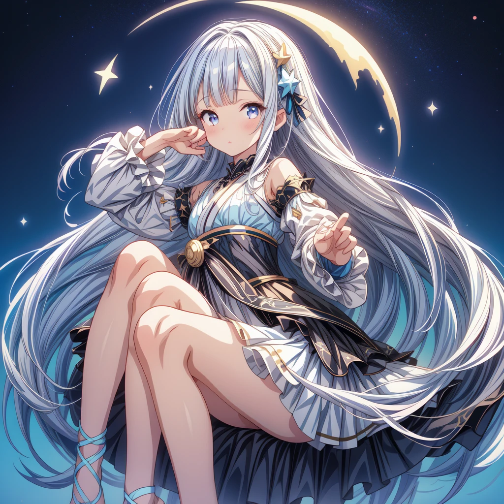 sitting on the crescent moon、(masterpiece, best quality), 1girl, 1girl、vtuber-fullbody、Star Fairy、「A beautifully printed galaxy patterned kimono and gothic lolita outfit.、Space pattern box pleated mini skirt with ruffles、Front full body portrait、Captivating eyes、Perfect and stunning face、Exquisite details、Clear images、highest quality。」Milky white and light blue gradient straight long hair、