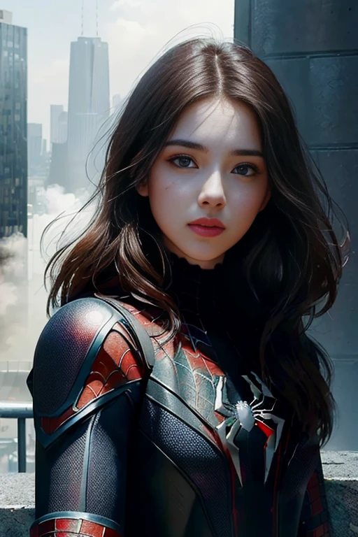 (1girl:1.3), Solo, (((Very detailed face)))), ((Very detailed eyes and face)))), Beautiful detail eyes, Body parts__, Official art, Unified 8k wallpaper, Super detailed, beautiful and beautiful, beautiful, masterpiece, best quality, original, masterpiece, super fine photo, best quality, super high resolution, realistic realism, sunlight, full body portrait, amazing beauty, dynamic pose, delicate face, vibrant eyes, (from the front), She wears Spider-Man suit, red and black color scheme, spider, very detailed city roof background, rooftop, overlooking the city, detailed face, detailed complex busy background, messy, gorgeous, milky white, highly detailed skin, realistic skin details, visible pores, clear focus, volumetric fog, 8k uhd, DSLR, high quality, film grain, fair skin, photo realism, lomography, futuristic dystopian megalopolis, translucent