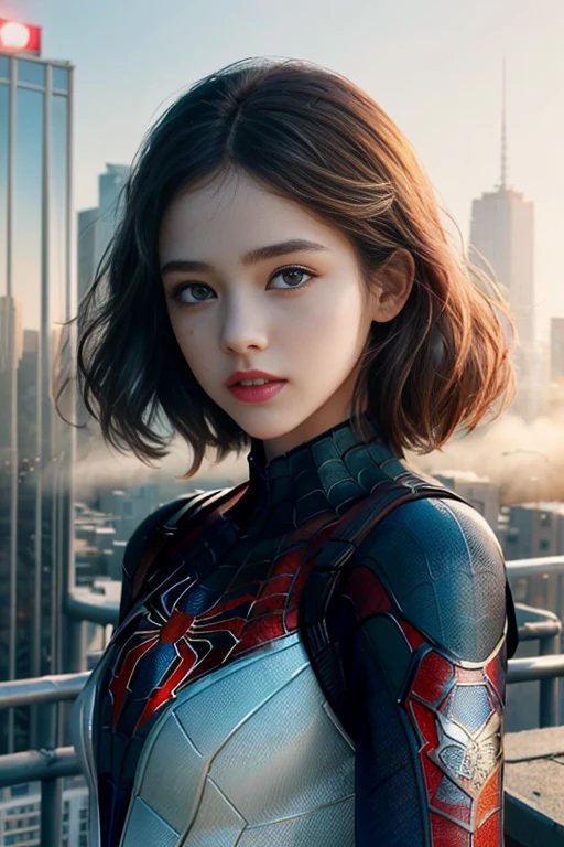 (1girl:1.3), Solo, (((Very detailed face)))), ((Very detailed eyes and face)))), Beautiful detail eyes, Body parts__, Official art, Unified 8k wallpaper, Super detailed, beautiful and beautiful, beautiful, masterpiece, best quality, original, masterpiece, super fine photo, best quality, super high resolution, realistic realism, sunlight, full body portrait, amazing beauty, dynamic pose, delicate face, vibrant eyes, (from the front), She wears Spider-Man suit, red and black color scheme, spider, very detailed city roof background, rooftop, overlooking the city, detailed face, detailed complex busy background, messy, gorgeous, milky white, highly detailed skin, realistic skin details, visible pores, clear focus, volumetric fog, 8k uhd, DSLR, high quality, film grain, fair skin, photo realism, lomography, futuristic dystopian megalopolis, translucent