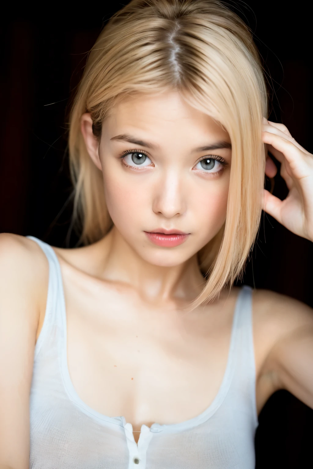 (Cute tween fashion model:1.5), close up, bust focus, natural light, tomboy, skinny, thin, slim, lean, slender hourglass body, nubile, posing for picture, very short hair, blonde hair, blueeyes, natural lighting, armpits, thin waist, thin hips, perfect lips, fat lower lip, young, youthful, teen, teenager, busty teen, huge breasts, grey background, tight crop top, tiny shorts, no_bra