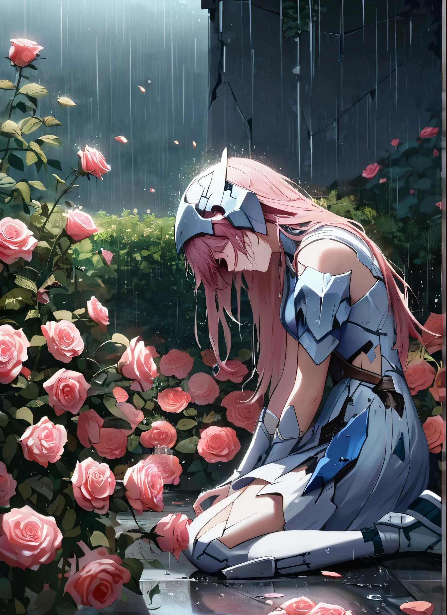 A girl, kneeling in the floor, wearing a shattered and broken armor, missing pieces ,broken helmet ,broken shield and broken sword, in tears, sad, dramatic scene, tears flowing in the face, garden, roses, rain, ultra detailed face