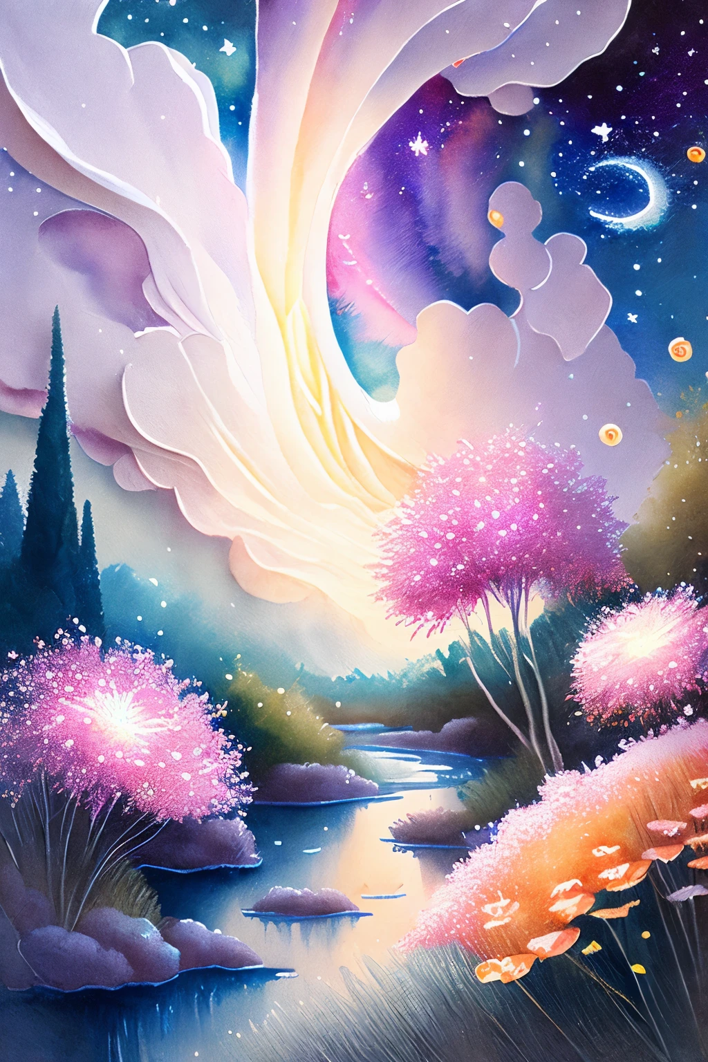 up-and-coming works of art, fusion of watercolor and oil painting, best quality, super fine, 16k, delicate and dynamic beautiful depiction, flower garden blooming in outer space, white, pink, orange, river of small stars, river of small stars flowing, mysterious and developing, space fantasy, curtain of light, Christian Lassen style