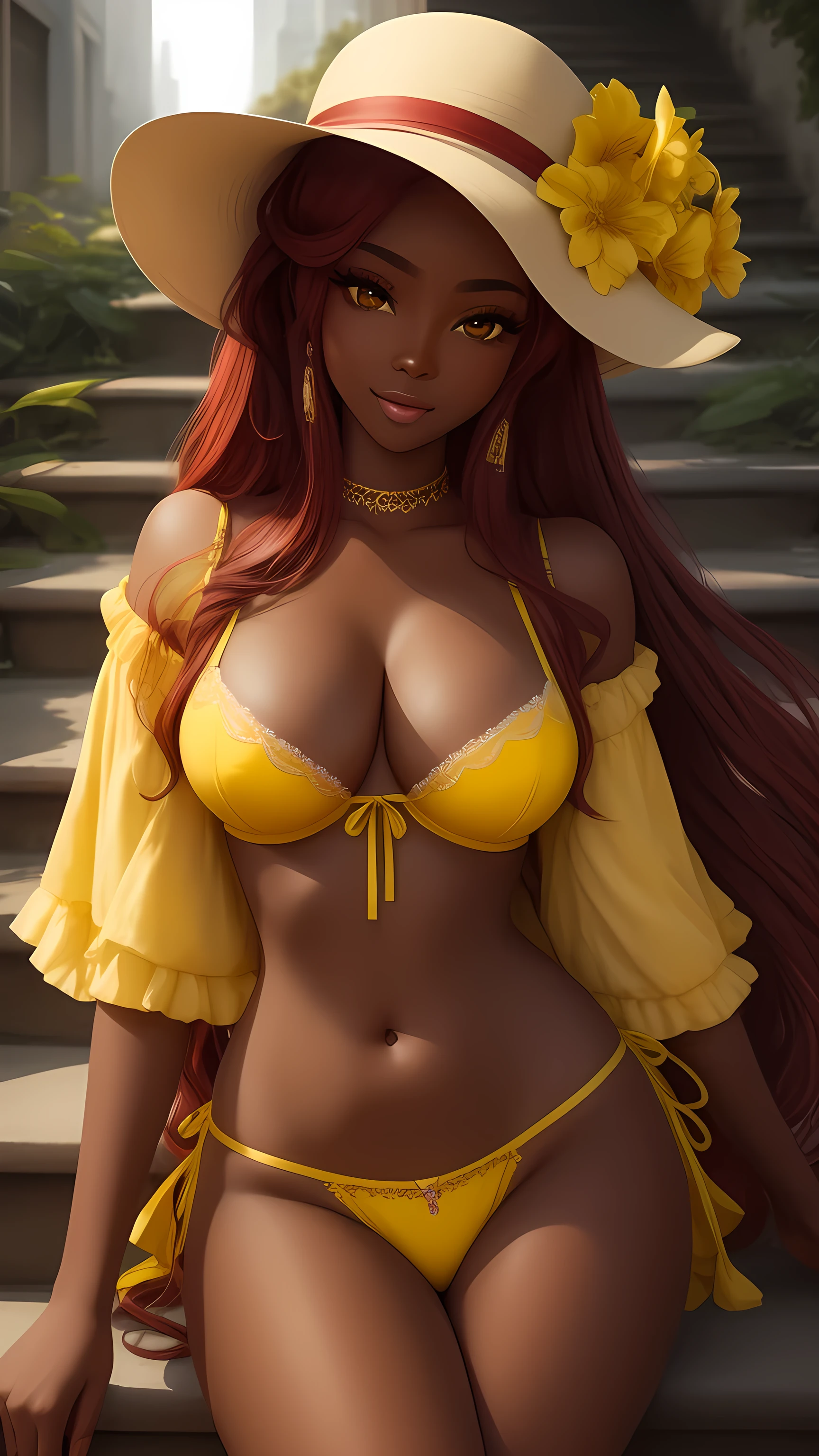 Original Character, dark skin, Volumetric Lighting, Best Shadows, Shallow Depth of Field, Portrait Of Stunningly Beautiful Girl, , Delicate Beautiful Attractive Face With Alluring Yellow Eyes, Messy Painted Face, Sharp Eyebrows, Broadly Smiling, Open Mouth, Fangs Out, Lovely Medium Breasts, Layered Long Twintail red Hair, Blush Eyeshadow, Thick Eyelashes, Applejack Hat, wearing a lingerie, Slim Waist, In a city,, Outside Stairs, Outdoor Unit,, Standing, (Highest Quality, Amazing Details:1.25), (Solo:1.3), Brilliant Colorful Paintings,