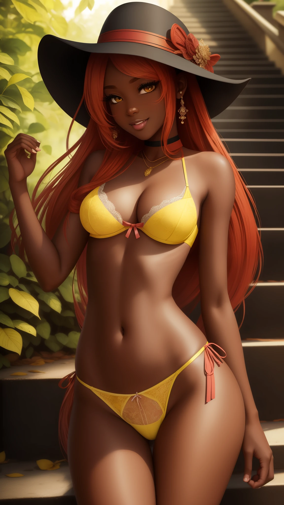 Original Character, dark skin, Volumetric Lighting, Best Shadows, Shallow Depth of Field, Portrait Of Stunningly Beautiful Girl, , Delicate Beautiful Attractive Face With Alluring Yellow Eyes, Messy Painted Face, Sharp Eyebrows, Broadly Smiling, Open Mouth, Fangs Out, Lovely Medium Breasts, Layered Long Twintail red Hair, Blush Eyeshadow, Thick Eyelashes, Applejack Hat, wearing a lingerie, Slim Waist, In a city,, Outside Stairs, Outdoor Unit,, Standing, (Highest Quality, Amazing Details:1.25), (Solo:1.3), Brilliant Colorful Paintings,
