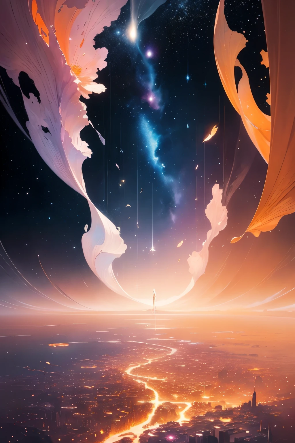 up-and-coming works of art, fusion of watercolor and oil painting, best quality, super fine, 16k, delicate and dynamic beautiful depiction, flower garden blooming in outer space, white, pink, orange, river of small stars, river of small stars flowing, mysterious and developing, space fantasy, curtain of light, Christian Lassen style