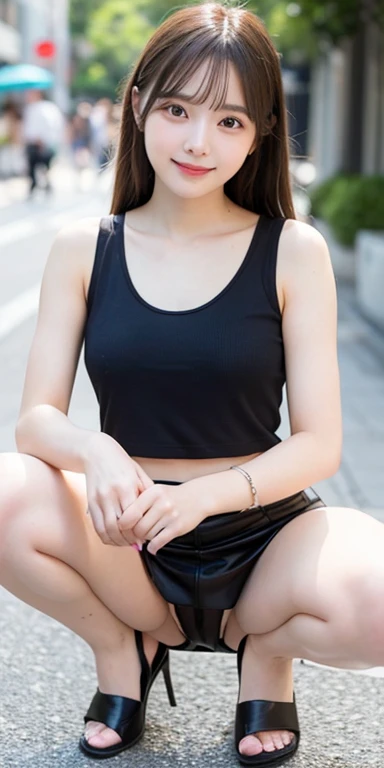 A girl wearing a black bra top and a white skirt, highest quality, figure, Very detailed, In detail, High resolution, 8k wallpaper, Perfect dynamic composition, Beautiful fine details, Natural color lip, Random sexy poses,smile,Aoyama Street Walk,20-year-old girl,No underwear,genital,pubic hair,A girl squatting with her legs apart