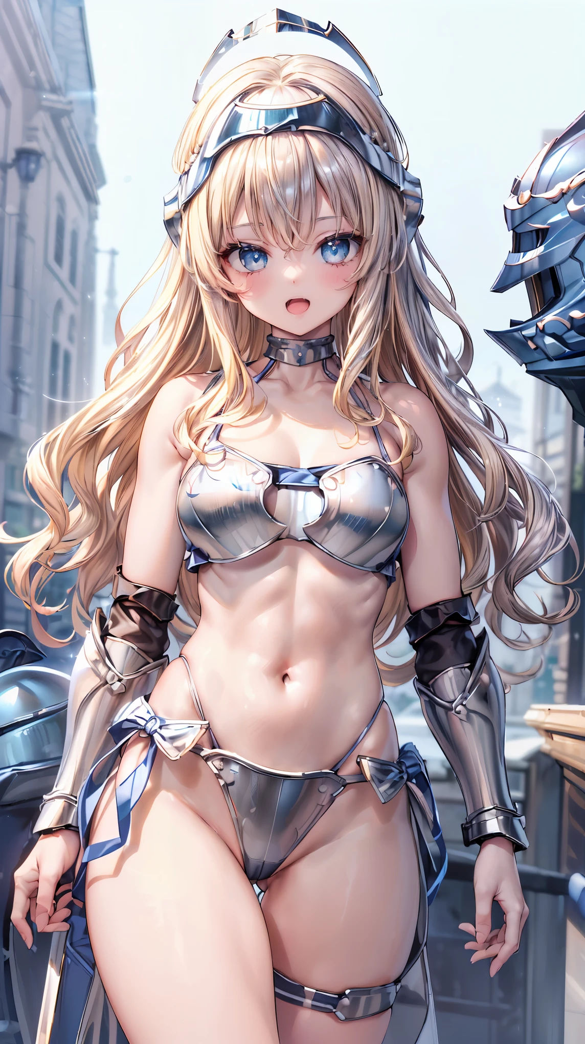 Very detailed、highest quality、Best image quality、masterpiece、8k、Anime Face、A kind smile、(Open your mouth:1.5)、Sparkling blue eyes、(Blonde wavy hair:1.5)、Muscles of the whole body、camisole、Thigh belt、mini skirt、(Wearing silver bikini armor:1.5)、(Cowboy Shot:1.5)、(Leg armor:1.5)、(Wearing a helmet:1.5)