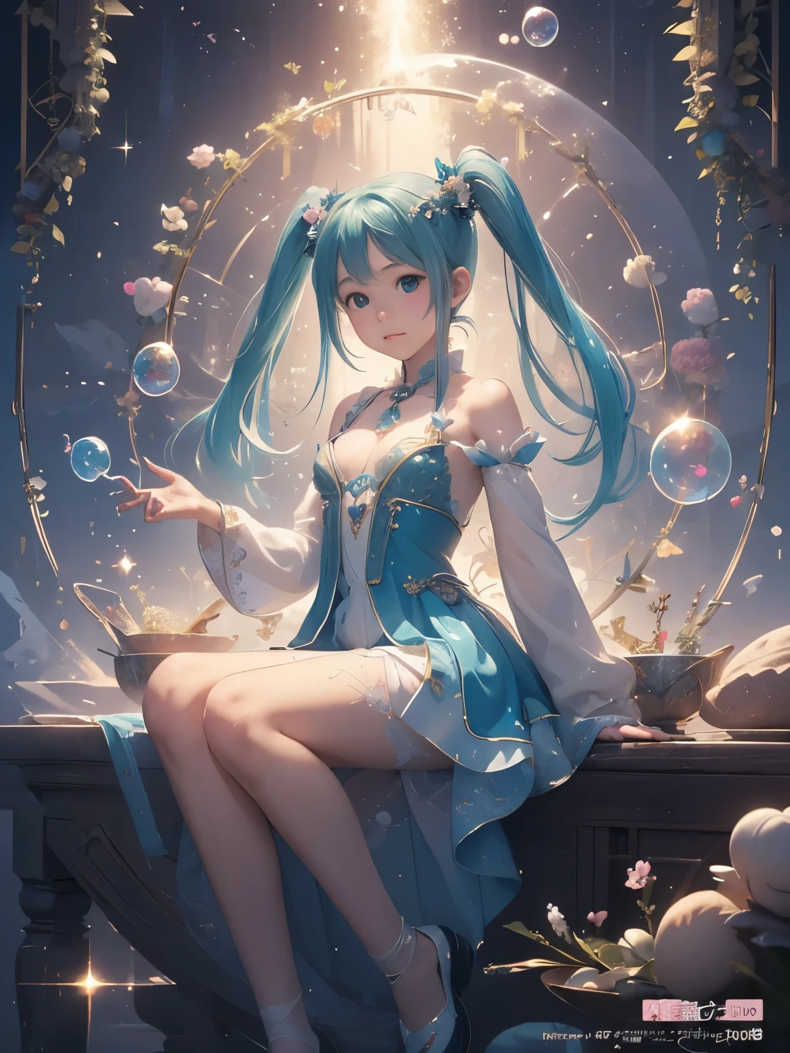 (masterpiece、highest quality、highest quality、Official Art、Beautiful and beautiful:1.2)、(One girl:1.3)Hatsune Miku、Twin tails,Beautiful breasts,High Quality Fantasy Comedy Anime Illustration. Innocent girl catching magic soap bubbles with her hands, The little fairy is in a hurry The little fairy is in a hurry、Squeezed in unbreakable soap bubbles.