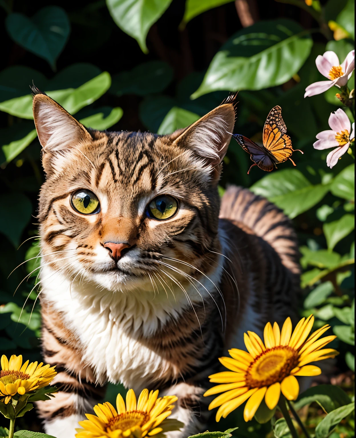 Un lindo gatito jugando con una mariposa vibrante en un ambiente sereno., fondo neutro, capturado con sorprendente detalle y vitalidad. Use digital photography techniques to highlight the intricate textures of the cat&#39;s fur and the delicate wings of the butterfly.. Opte por una luz suave y natural para realzar el encanto y la ternura general de la escena.. Experiment with warm, earthy tones in the color palette., creando un ambiente acogedor y atractivo. Use a high resolution camera like the Nikon D850 DSLR, combinado con un objetivo macro como el Nikon AF-S VR Micro-NIKKOR 105 mm f/2.8G IF-ED, to capture every detail precisely. Emphasizes hyperrealism and highly detailed images., producing a captivating and realistic composition. Output the final image in a high resolution 16k format with an aspect ratio of 16:9 and a quality setting of 2.