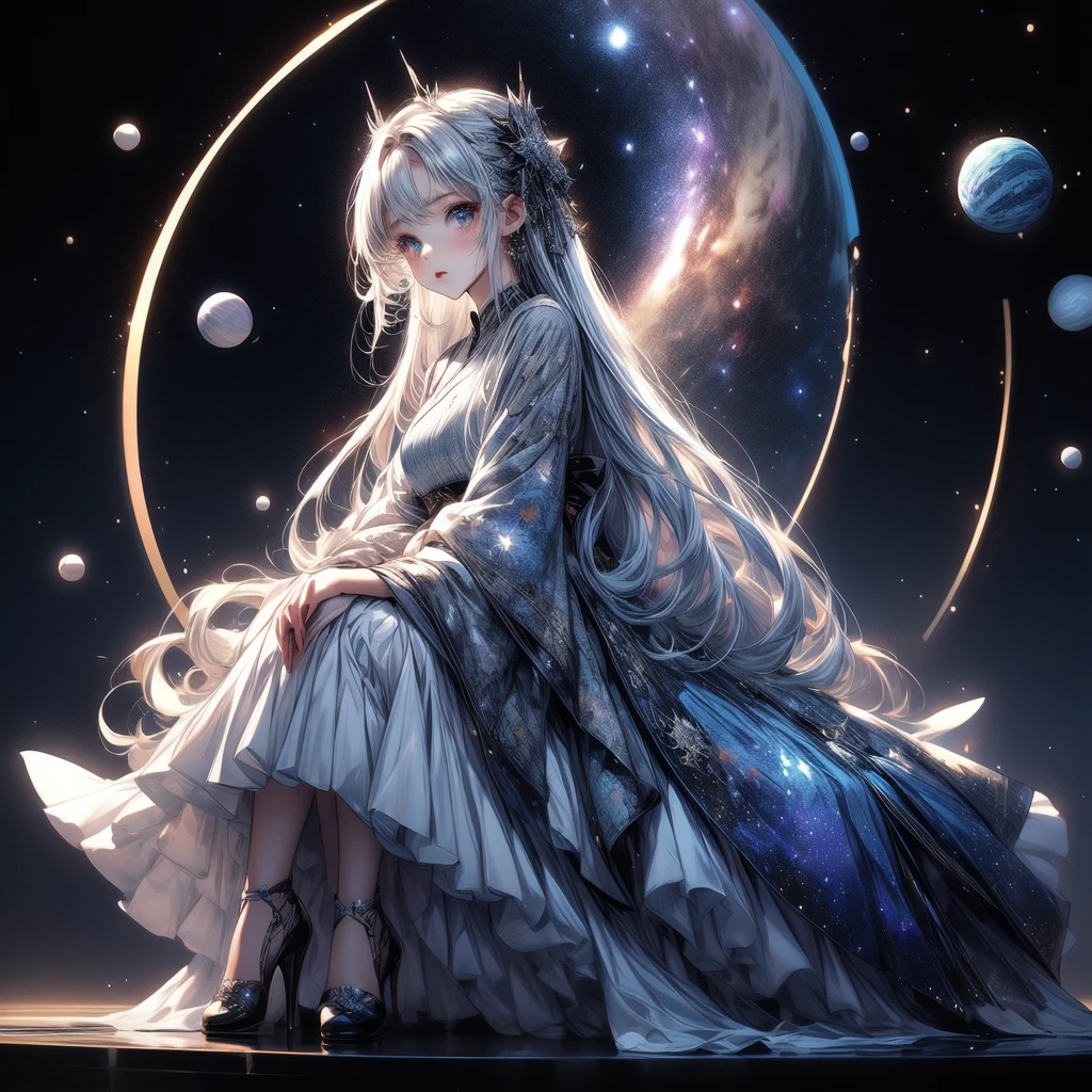 sitting on the crescent moon、(masterpiece, best quality), 1girl,  1girl、vtuber-fullbody、Star Fairy、「A beautifully printed galaxy patterned kimono and gothic lolita outfit.、Space pattern box pleated mini skirt with ruffles、Front full body portrait、Captivating eyes、Perfect and stunning face、Exquisite details、Clear images、highest quality。」Milky white and light blue gradient straight long hair、