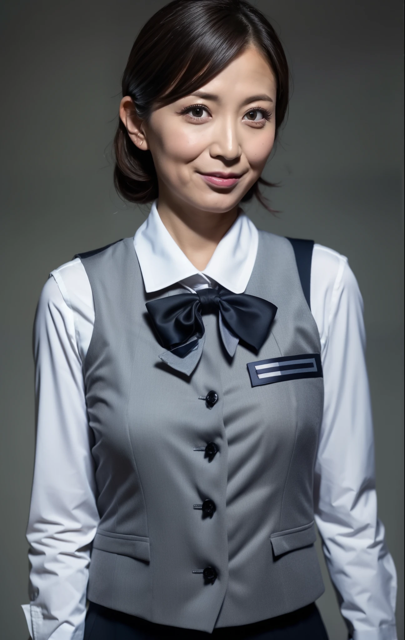 masterpiece,best quality, (one milf in uniform), ((portrait:1.5)), makeup, elegant grey vest, bow tie, white shirt, touch own chest, ((seduction expression)),