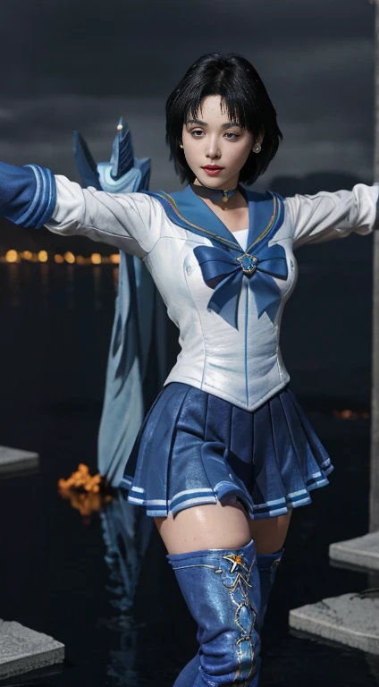 Unreal Engine:1.4,Ultra-high resolution,Best Quality:1.4, Realistic:1.4, Skin Texture:1.4, masterpiece:1.8, (Sailor Mercury:1.4), blue eyes, uniform, Tied up、両handを水平に広げる、Christ Pose、Large Breasts, tiara, Sailor Warrior Uniforms, (RAW Photos, Best Quality), masterpiece, foolish, sexy, Pelo azul corto floating, Blue sailor collar, (Over the knee boots: 1.4), choker, 白いhand袋, choker azul, 肘用hand袋, gem, Earrings, Blue Skirt:1.4, only, whole body, Shiny long black hair, (hand:1.4), Octane Rendering, God of Fire, (raindrop), Wet clothes, (Dense and beautiful water), (floating), Dynamic Angle, Browsing Caution,Best Quality,masterpiece,Ultra-high resolution,(Cowboy Shot:1.3),(Realistic:1.4),RAW Photos 8K,Cinema Lighting,Official Art,evening, //, Large Breasts,,hermosas feet,naked,Tall Woman,skinny,Delgado_feet,thigh_gap,(Watching the audience:1.2),model,thighs negros,Christ Pose,High heels,from the front,liar,show ,(Apocalyptic Destroyed City:1.4), ((Missionary anal penetration)),((feet abiertas)),((Extreme close up)),(Super detailed),Portraiture,(masterpiece),(Best Quality),(Super detailed),Professional Lighting, mercury