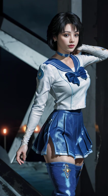 Unreal Engine:1.4,Ultra-high resolution,Best Quality:1.4, Realistic:1.4, Skin Texture:1.4, masterpiece:1.8, (Sailor Mercury:1.4), blue eyes, uniform, Tied up、両handを水平に広げる、Christ Pose、Large Breasts, tiara, Sailor Warrior Uniforms, (RAW Photos, Best Quality), masterpiece, foolish, sexy, Pelo azul corto floating, Blue sailor collar, (Over the knee boots: 1.4), choker, 白いhand袋, choker azul, 肘用hand袋, gem, Earrings, Blue Skirt:1.4, only, whole body, Shiny long black hair, (hand:1.4), Octane Rendering, God of Fire, (raindrop), Wet clothes, (Dense and beautiful water), (floating), Dynamic Angle, Browsing Caution,Best Quality,masterpiece,Ultra-high resolution,(Cowboy Shot:1.3),(Realistic:1.4),RAW Photos 8K,Cinema Lighting,Official Art,evening, //, Large Breasts,,hermosas feet,naked,Tall Woman,skinny,Delgado_feet,thigh_gap,(Watching the audience:1.2),model,thighs negros,Christ Pose,High heels,from the front,liar,show ,(Apocalyptic Destroyed City:1.4), ((Missionary anal penetration)),((feet abiertas)),((Extreme close up)),(Super detailed),Portraiture,(masterpiece),(Best Quality),(Super detailed),Professional Lighting, mercury